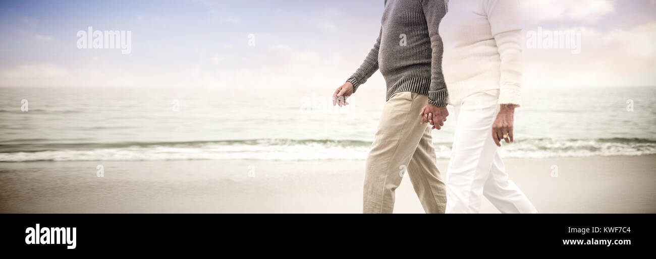 Senior couple holding hands and walking on the beach Stock Photo