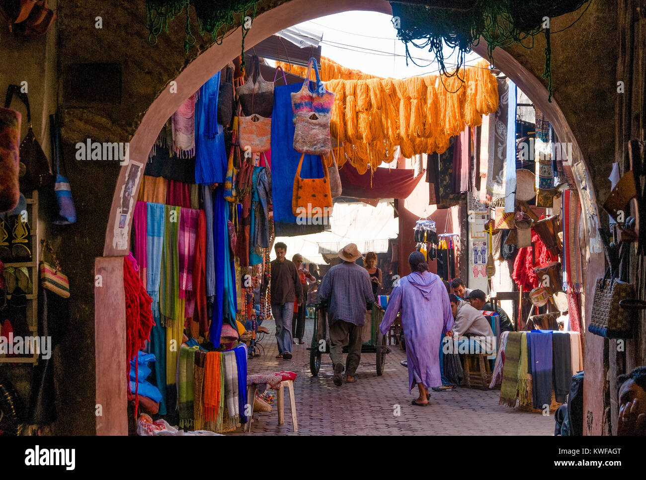 colourful artifacts and textiles in the souk. Stock Photo