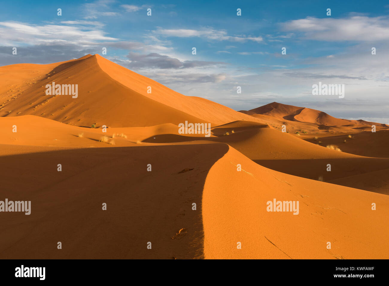 Sand dune formations in Sahara near Zagora, Eastern Morocco. Stock Photo