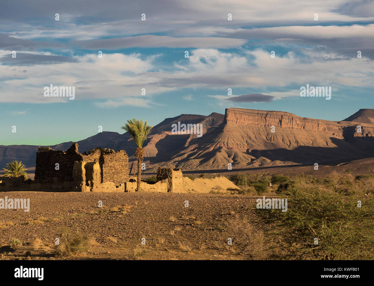 Moroccan landscape image with trees and rugged topography. Stock Photo