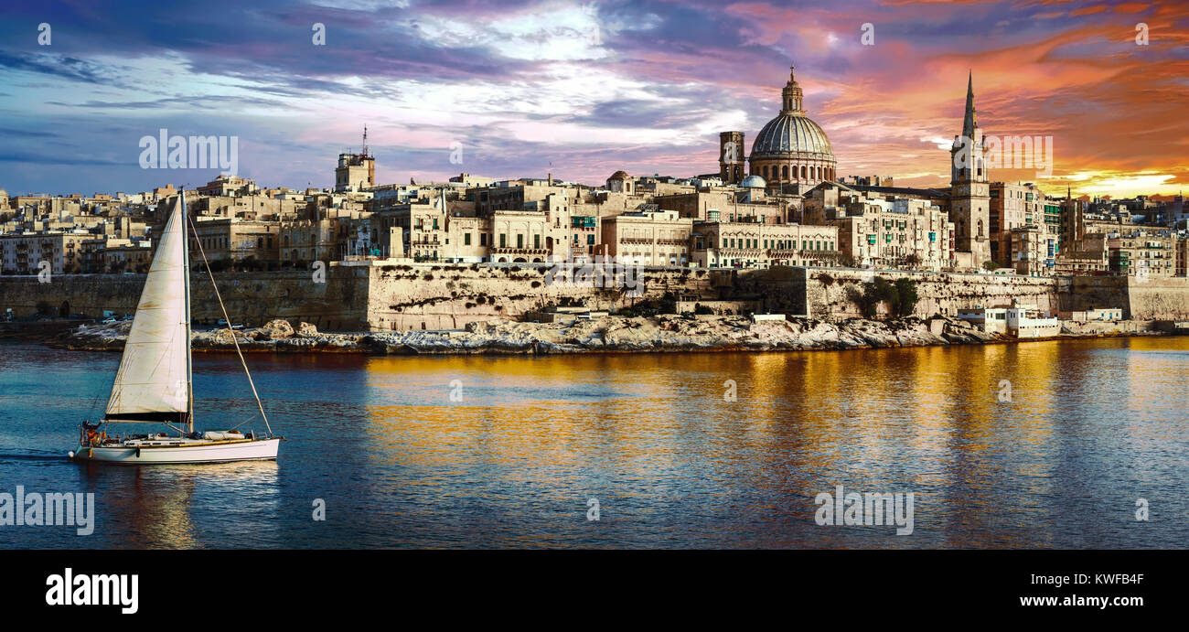 Beautiful  La Valletta over sunset,Malta island,panoramic view. Stock Photo