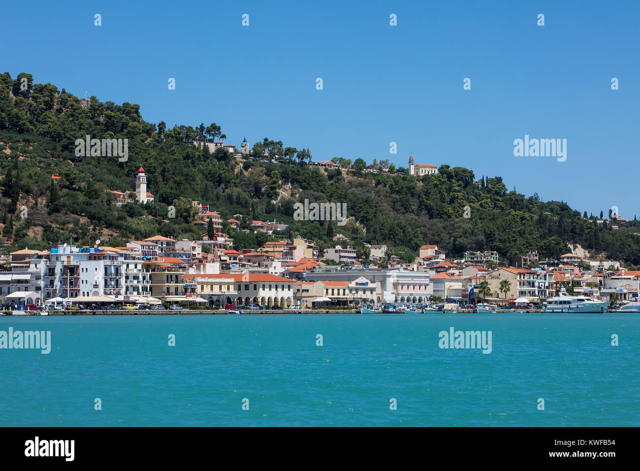 Zakynthos, Greece - July 18, 2017: View of the Zakynthos city and harbor on the picturesque Zakynthos Island. Stock Photo