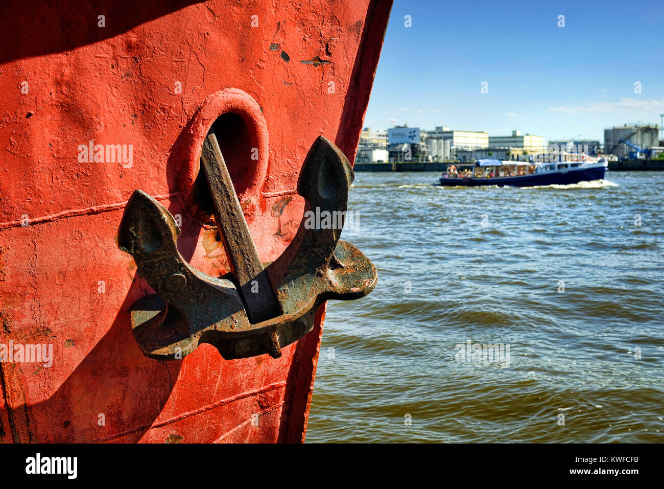 Harbour, the Elbe, anchor and longboat in Hamburg, Germany, Europe, Hafen, Elbe, Anker und Barkasse in Hamburg, Deutschland, Europa Stock Photo
