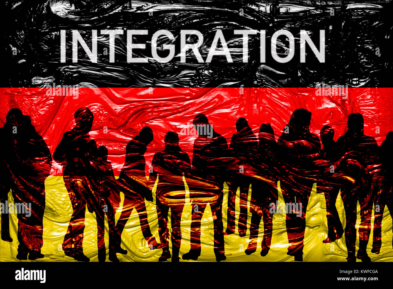Silhouettes of people before Germany flag and the word Integration, Silhouetten von Menschen vor Deutschlandfahne und das Wort Integration Stock Photo