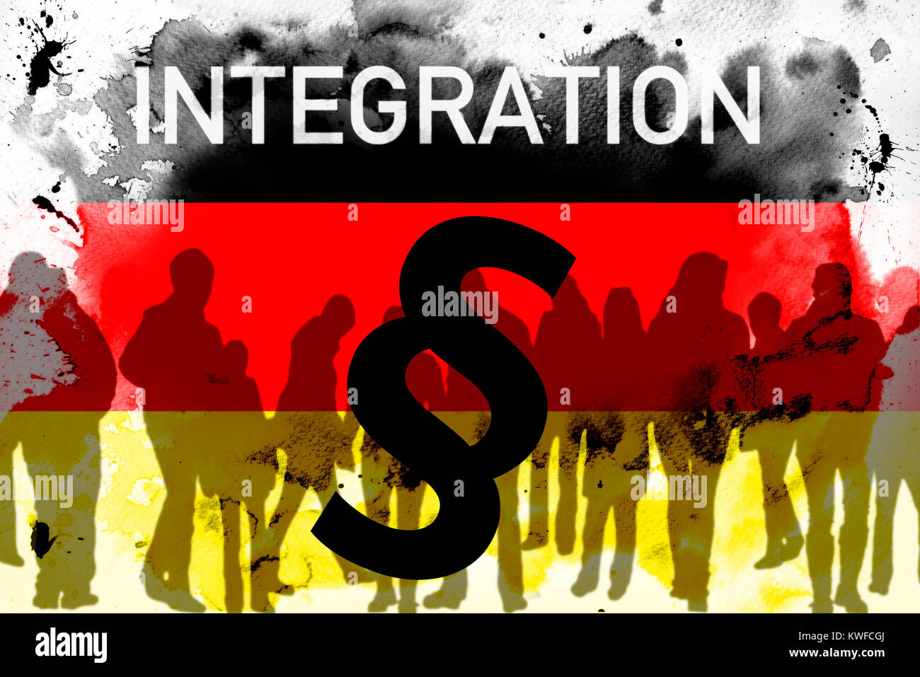 The word Integration on Germany flag and section symbol, Das Wort Integration auf Deutschlandfahne und Paragrafensymbol Stock Photo