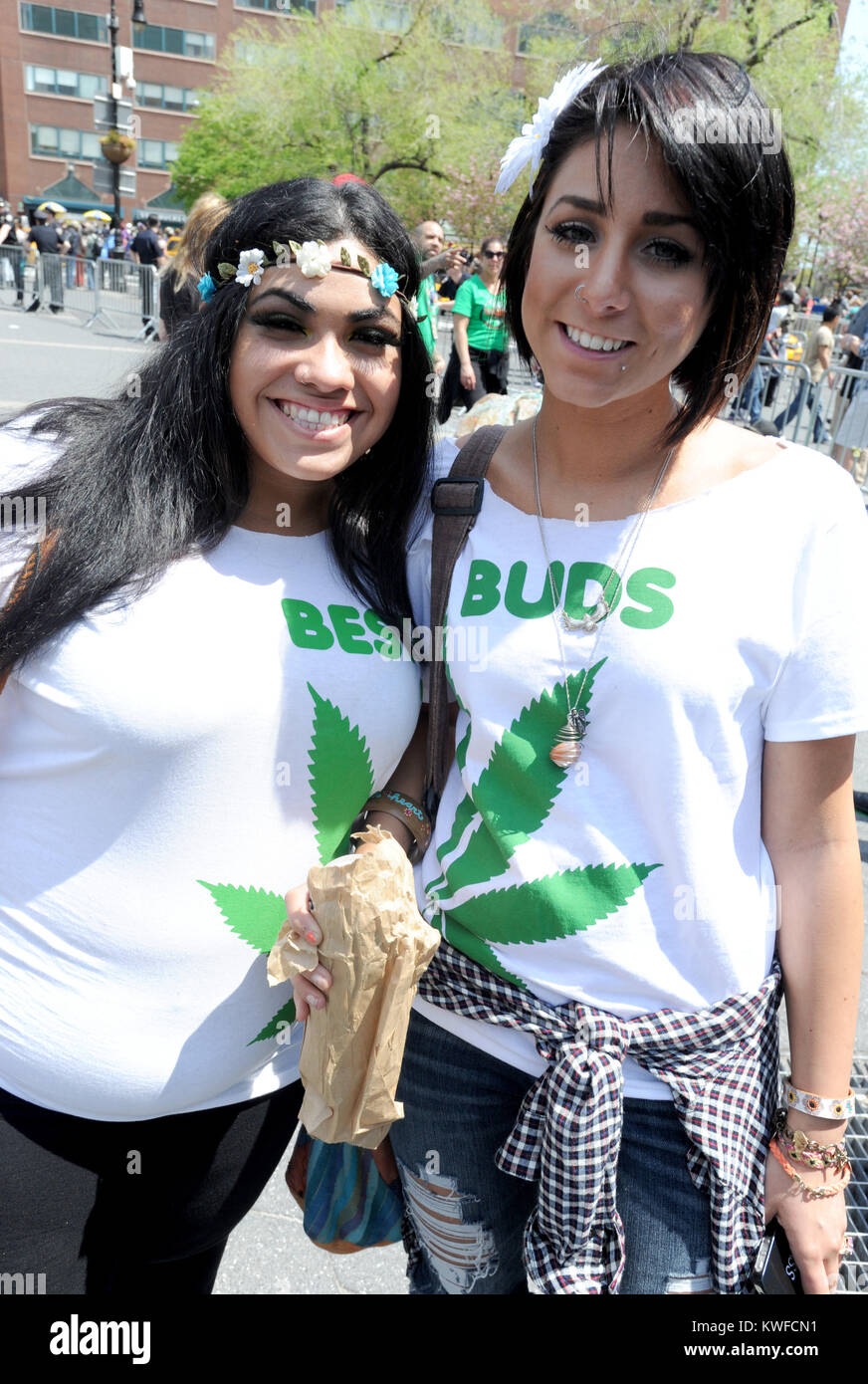 NEW YORK, NY - MAY 03: The city’s annual Cannabis Parade went down Broadway on Saturday — with cops ignoring clouds of pot smoke. Some 600 marijuana fans, many openly smoking joints, gathered at high noon to march from 32nd Street to Union Square, where a legalization rally turned into an afternoon-long, music-filled smoke-in on May 3, 2014 in New York City    People:  Atmosphere Stock Photo