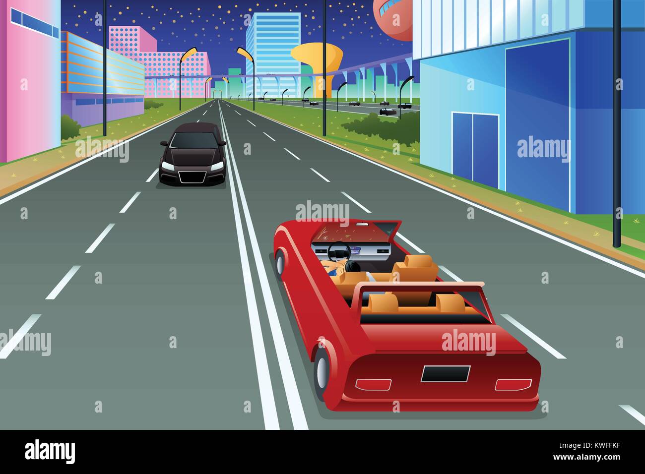 A vector illustration of Self Driving Car in Futuristic City Stock Vector