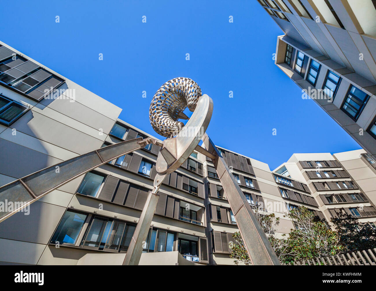 Australia, Newcstle, New South Wales, stainless steel sculpture Nautilus by Geoffrey Bartlett at the site of the old Royal Newcastle Hospital, now a m Stock Photo