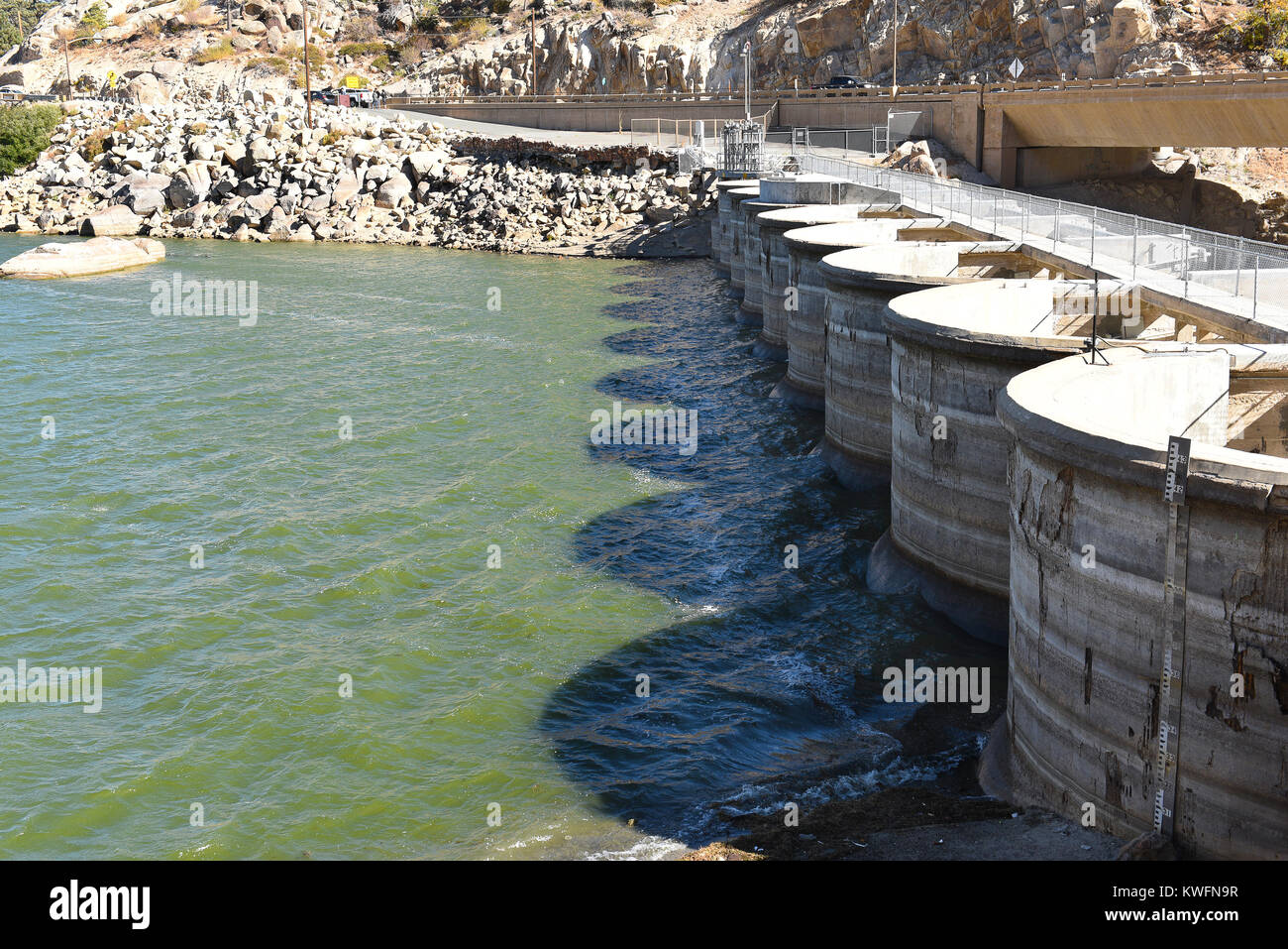 BIG BEAR, CALIFORNIA - SEPTEMBER 25, 2016: Bear Valley Dam. The dam built in 1912 created Big Bear Lake, a recreation area and importat water source f Stock Photo