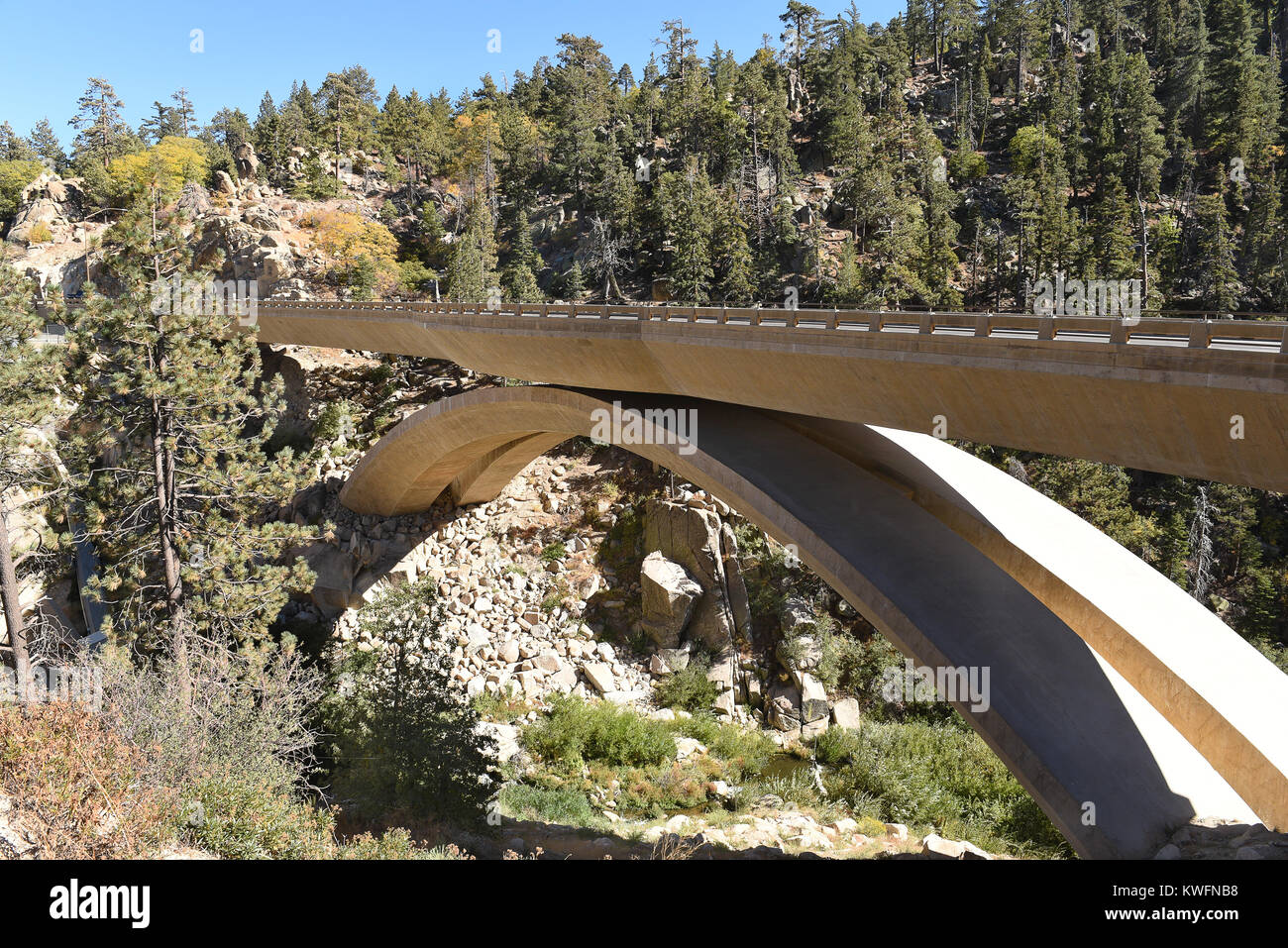 Highway 18 bridge at the Bear Valley Dam in Big Bear California. Stock Photo