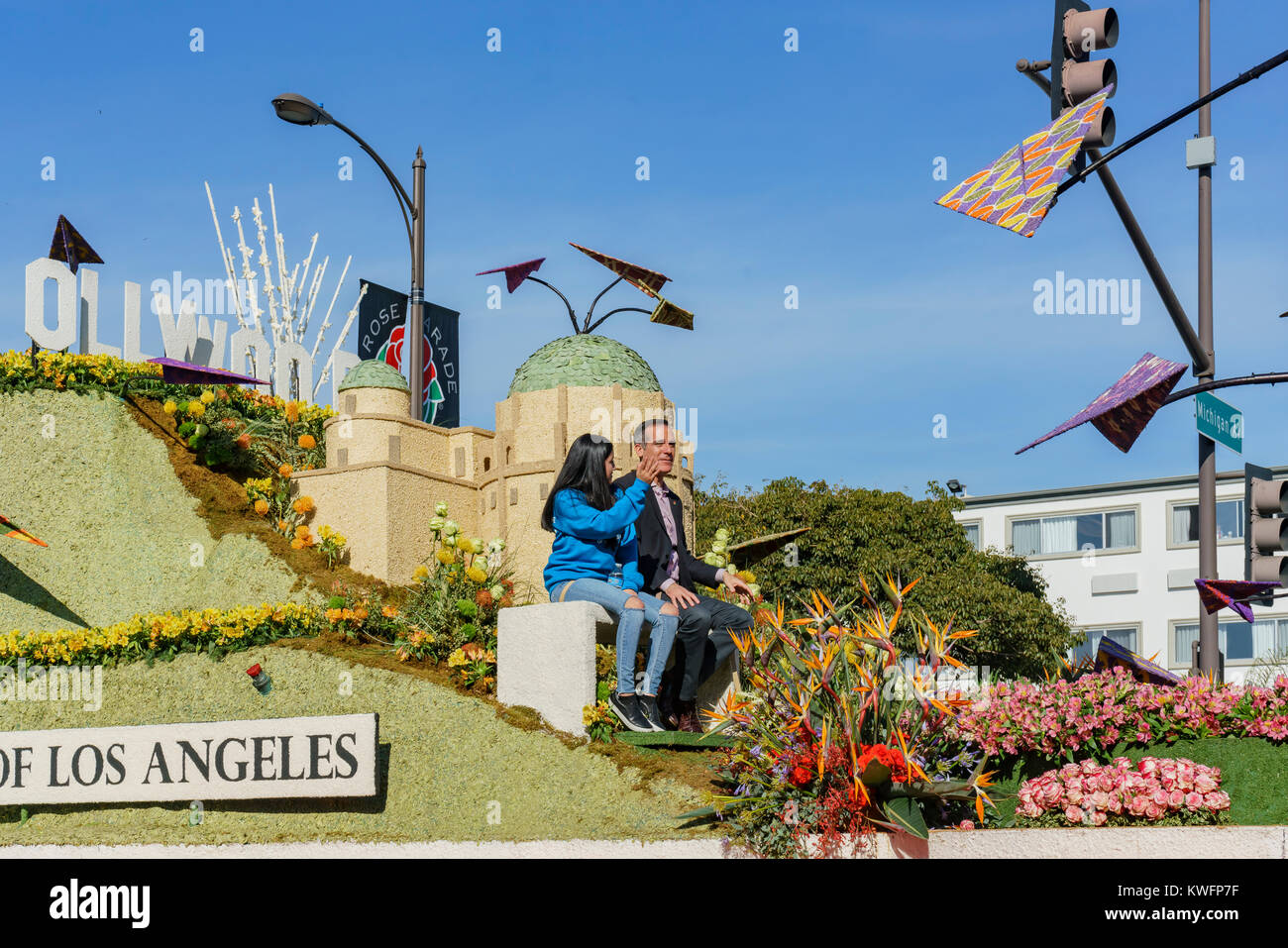 Pasadena,  JAN 1: LAX style float and Mayor of Los Angeles in the famous Rose Parade - America's New Year Celebration on JAN 1, 2017 at Pasadena, Cali Stock Photo