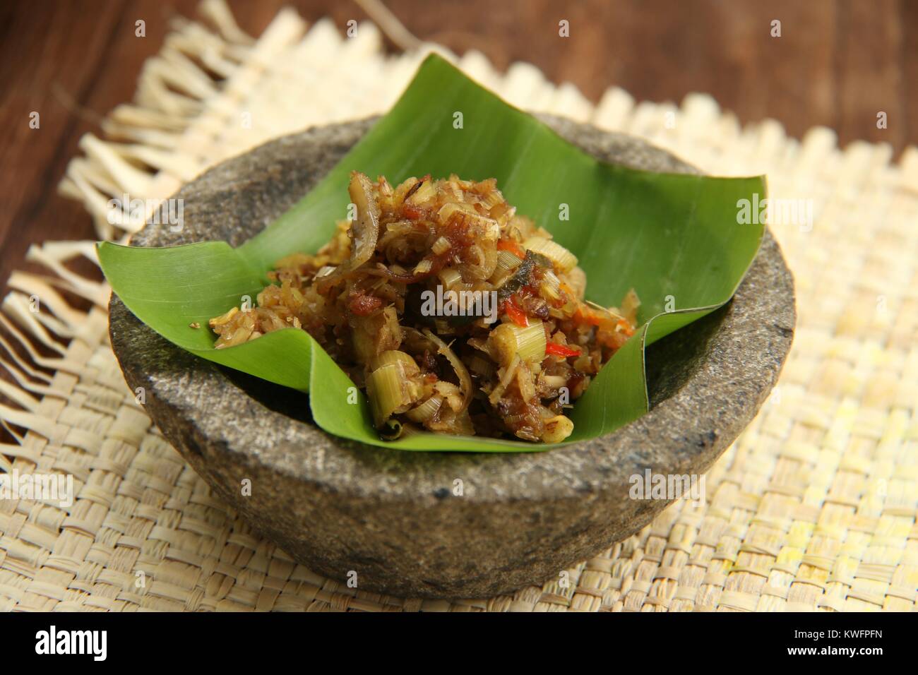 Sambal Sere Tabia. Balinese spicy relish of chili peppers and lemongrass. Stock Photo