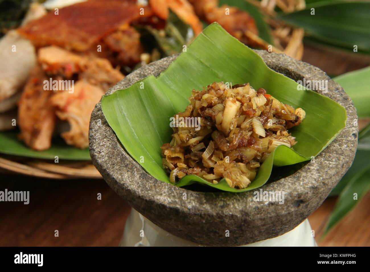 Sambal Sere Tabia. Balinese spicy relish of chili peppers and lemongrass. Stock Photo
