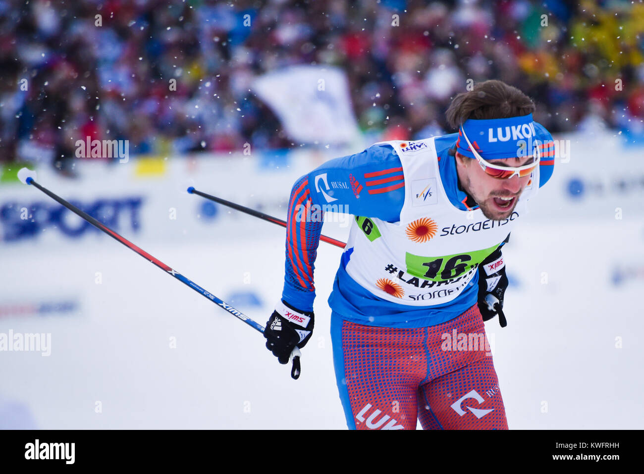 Sergey Ustiugov (Russia) finishing final meters of team sprint, 2017 World Nordic Ski Championships, Lahti, Finland. His team won. Stock Photo