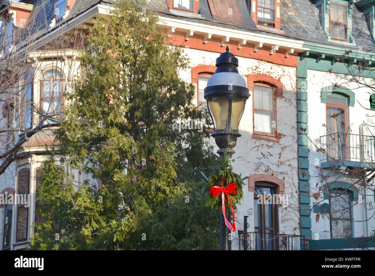 The iconic Mattoon Street Victorian Row House historic district in Springfield, Massachusetts, USA's Metro Center. Stock Photo