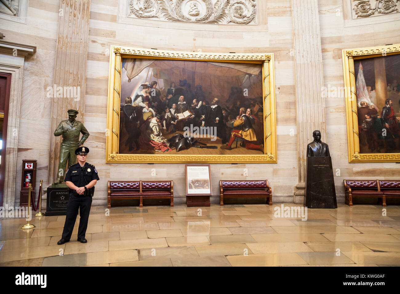 The painting entitled Embarkation of the Pilgrims by American artist Robert W. Weir is hung in the US Capitol Hill rotunda. Stock Photo