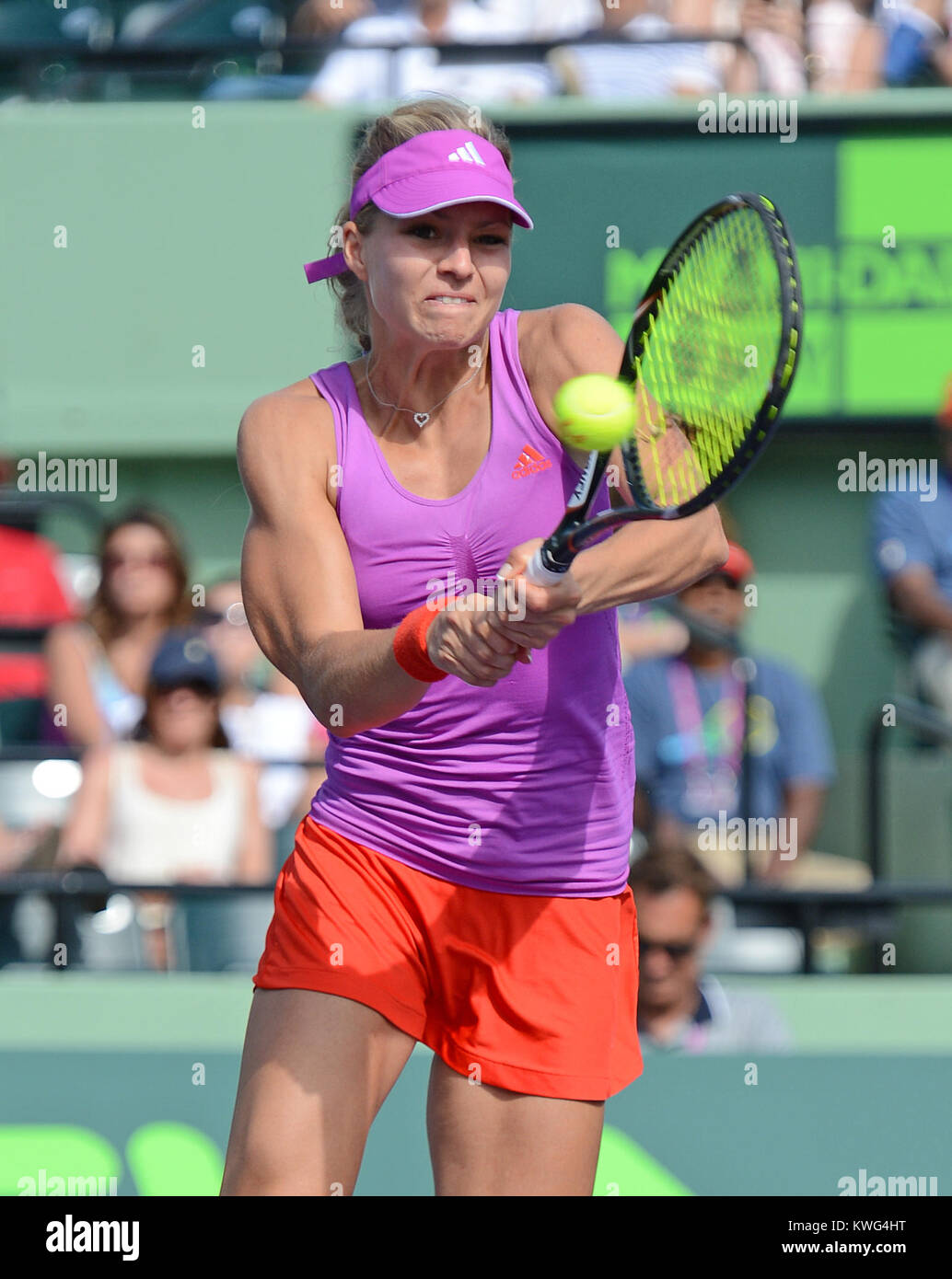 KEY BISCAYNE, FL - MARCH 30: Maria Kirilenko and Nadia Petrova defeat Vania King and Monica Niculescu at the 2012 Sony Ericsson Open at Crandon Park Tennis Center on March 30, 2012 in Key Biscayne, Florida.    People:  Maria Kirilenko Stock Photo