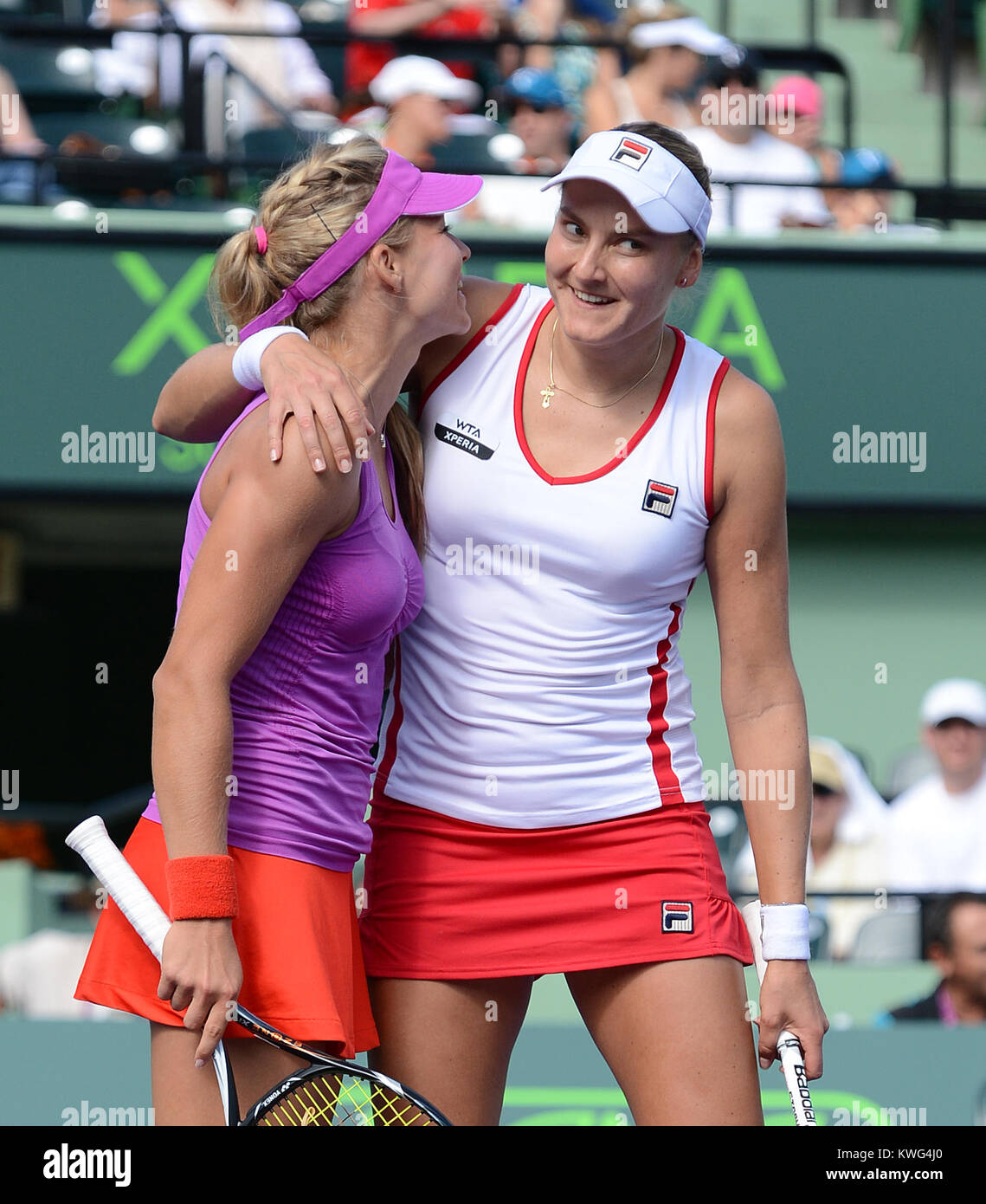 KEY BISCAYNE, FL - MARCH 30: Maria Kirilenko and Nadia Petrova defeat Vania King and Monica Niculescu at the 2012 Sony Ericsson Open at Crandon Park Tennis Center on March 30, 2012 in Key Biscayne, Florida.    People:  Maria Kirilenko Nadia Petrova Stock Photo