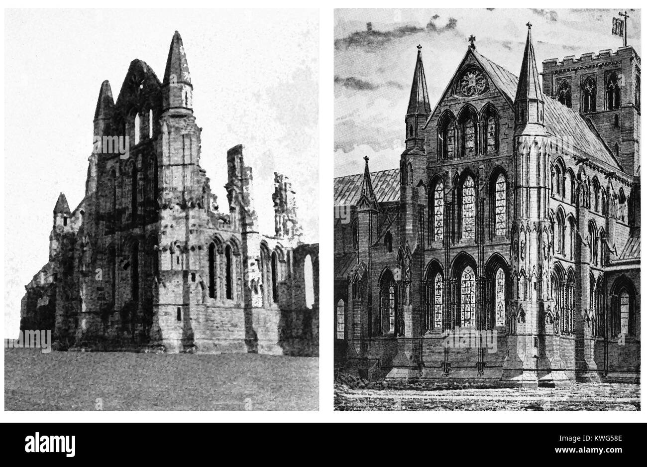 WHITBY ABBEY RESTORED , North Yorkshire UK - The North Transept (exterior)in ruins and an artists impression of its original form (1938 illustrations) Stock Photo