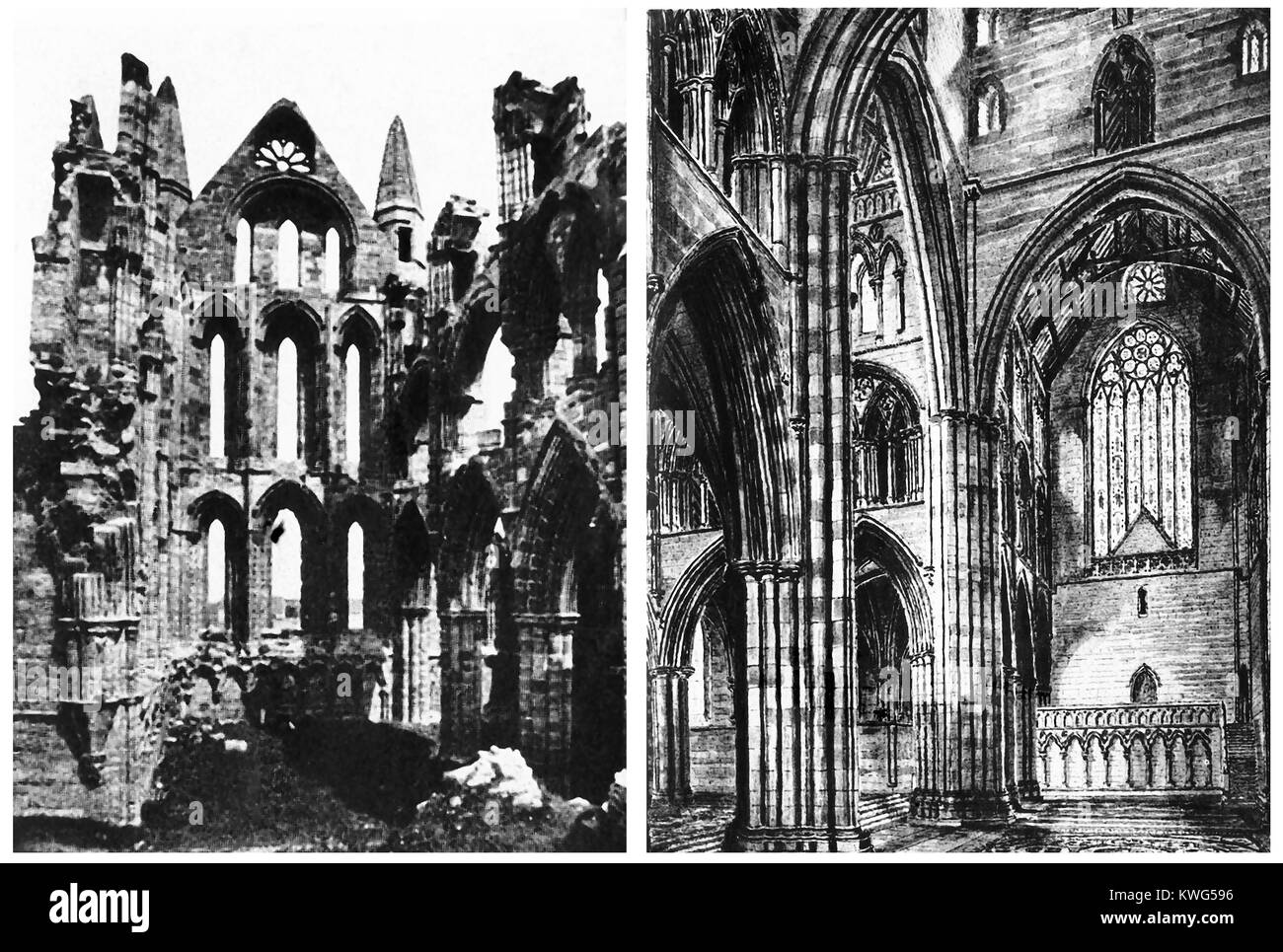 WHITBY ABBEY RESTORED , North Yorkshire UK - The North Transept interior in ruins and an artists impression of its original form (1938 illustrations) Stock Photo