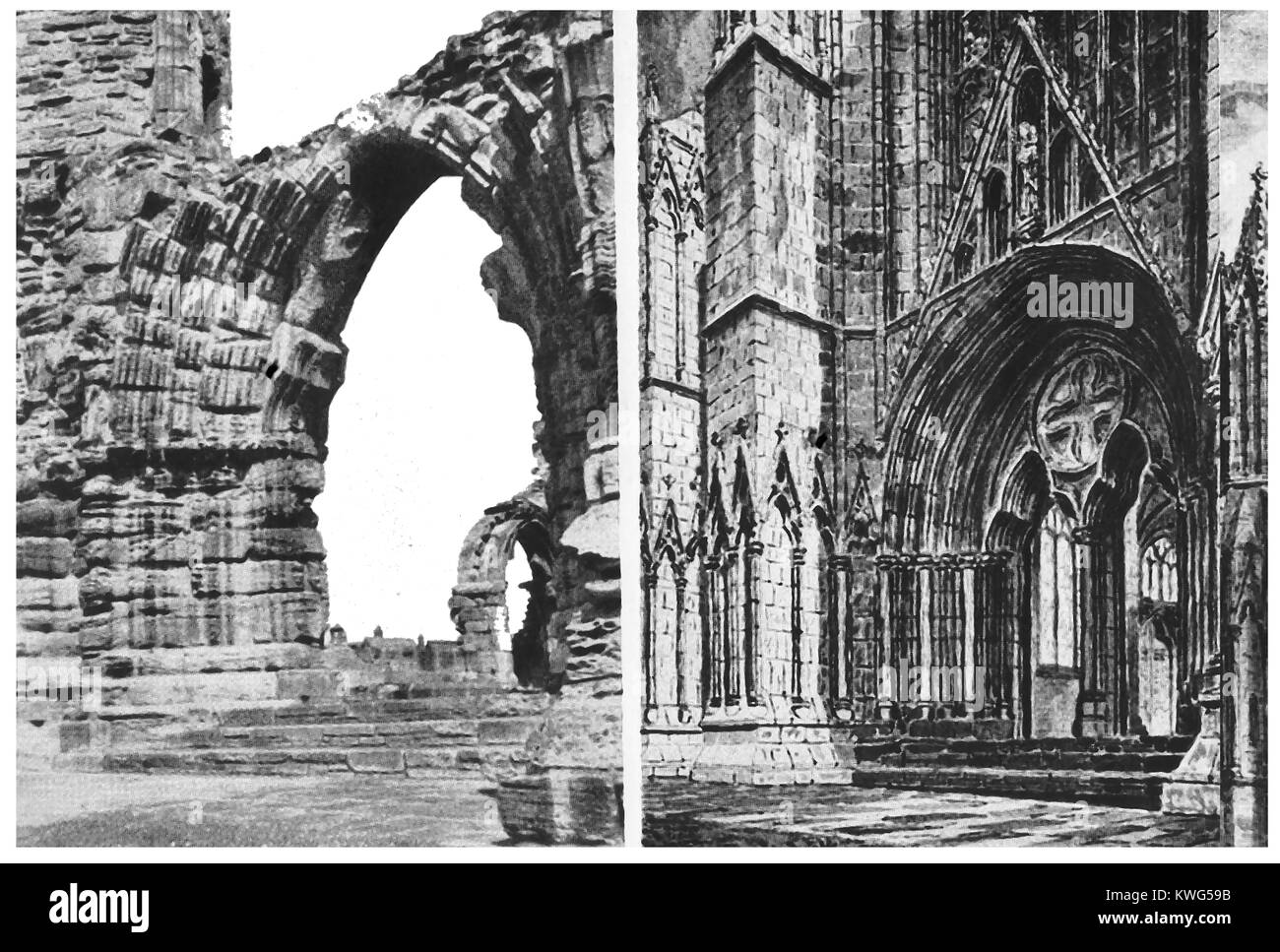 WHITBY ABBEY RESTORED , North Yorkshire UK - The remains of the great west door  and an artists impression of its original form (1938 illustrations) Stock Photo