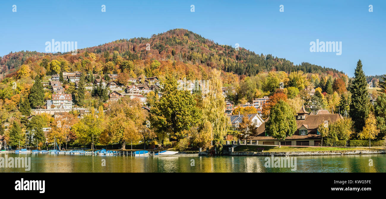 Autumn at Aare River and Lake Thuner, Wallis, Switzerland Stock Photo