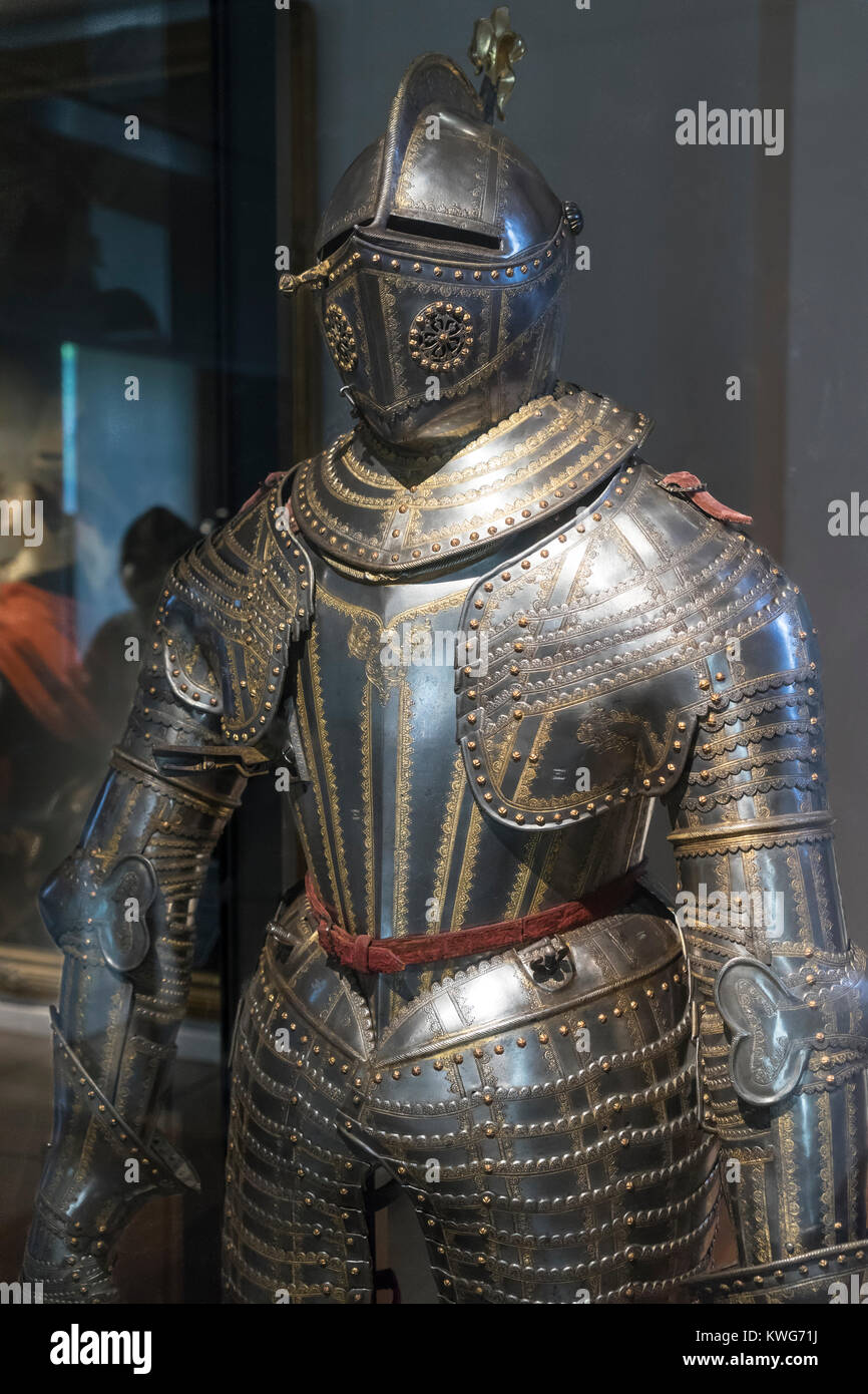 Medieval suite of armor in the military museum, Les Invalides, Paris, France Stock Photo