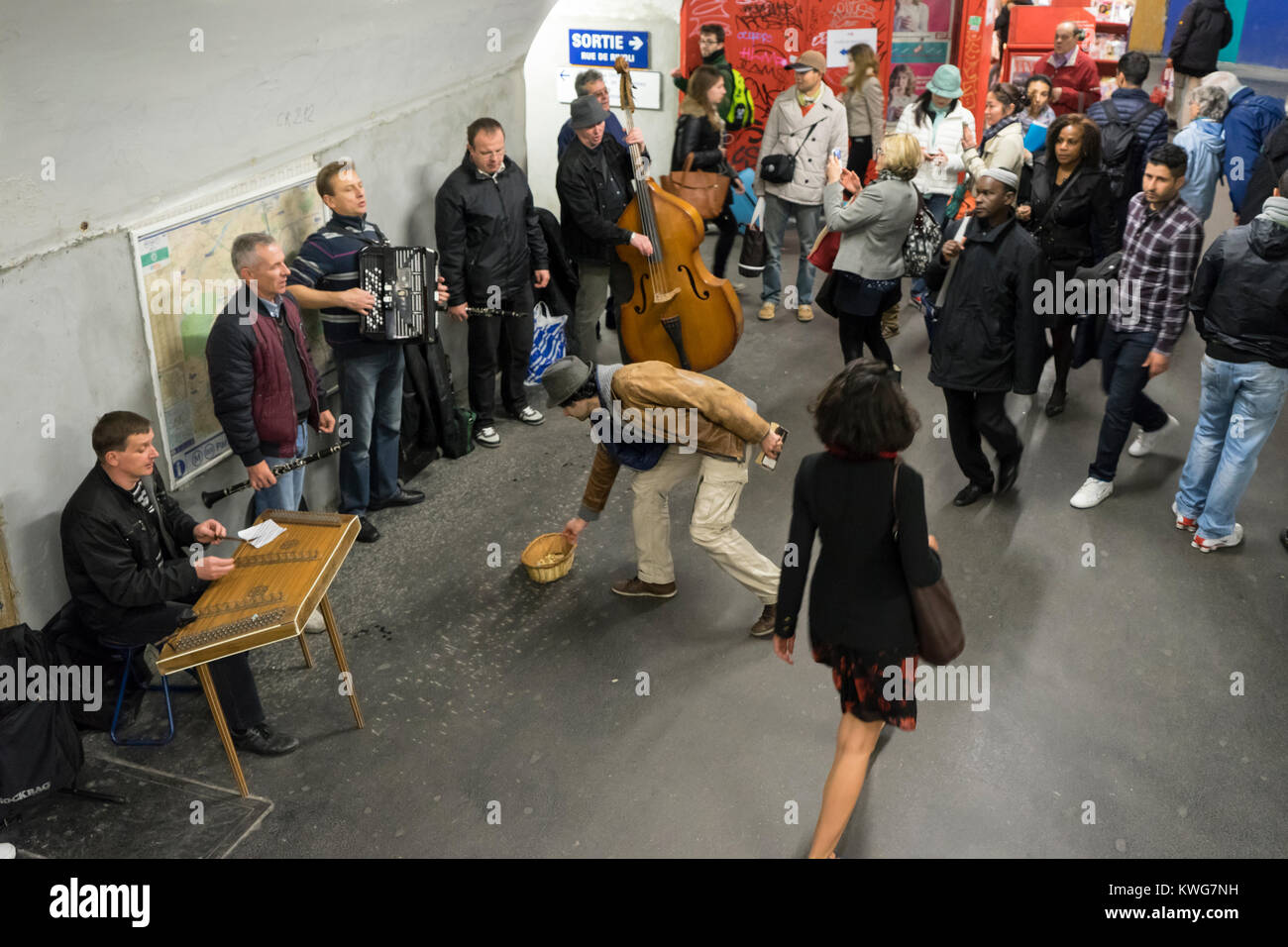 France, Paris, Musicians playing for change in metro station. Stock Photo