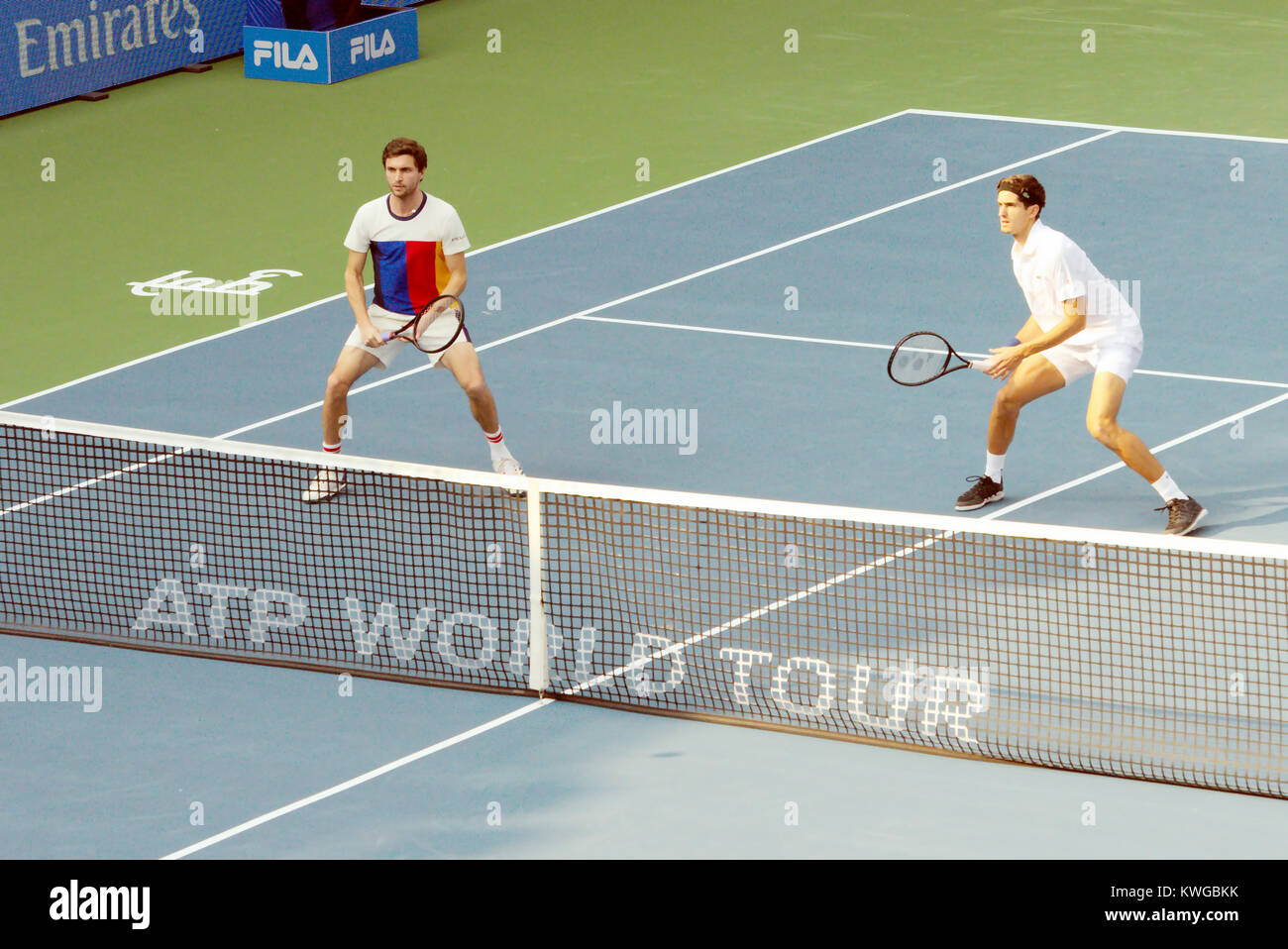 Pune, India. 2nd Jan, 2018. Gilles Simon and Pierre-Hugues Herbert of France in action in the first round of Doubles competition at Tata Open Maharashtra at the Mahalunge Balewadi Tennis Stadium in Pune, India. Credit: Karunesh Johri/Alamy Live News Stock Photo