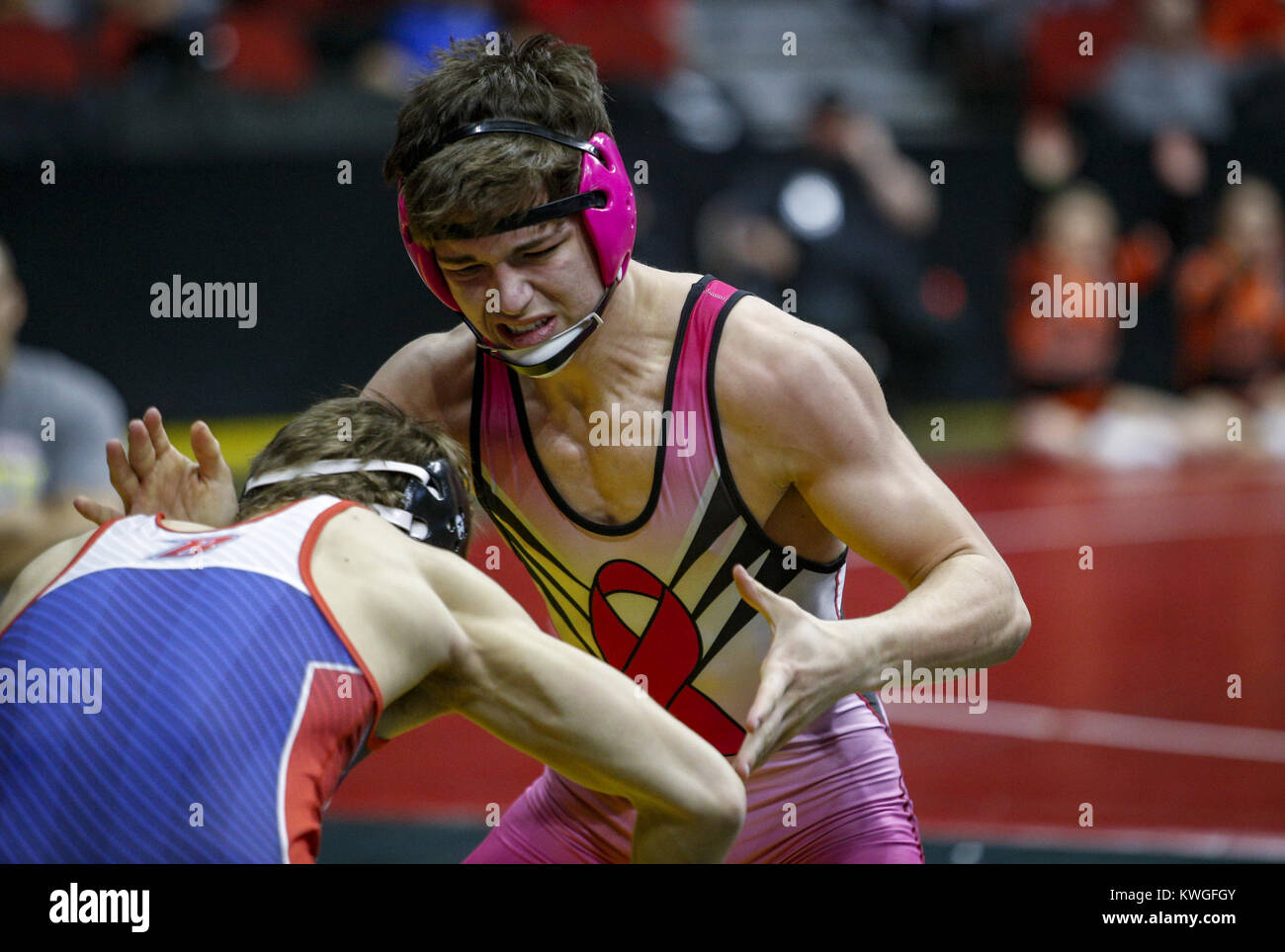 February 17, 2017 - Des Moines, Iowa, U.S. - Assumption's Julien Broderson faces opponent John Fulk of Ballard in his 2A quarterfinal bout during session five of the 2017 IHSAA State Wrestling Championships at Wells Fargo Arena in Des Moines on Friday, February 17, 2017. (Credit Image: © Andy Abeyta/Quad-City Times via ZUMA Wire) Stock Photo