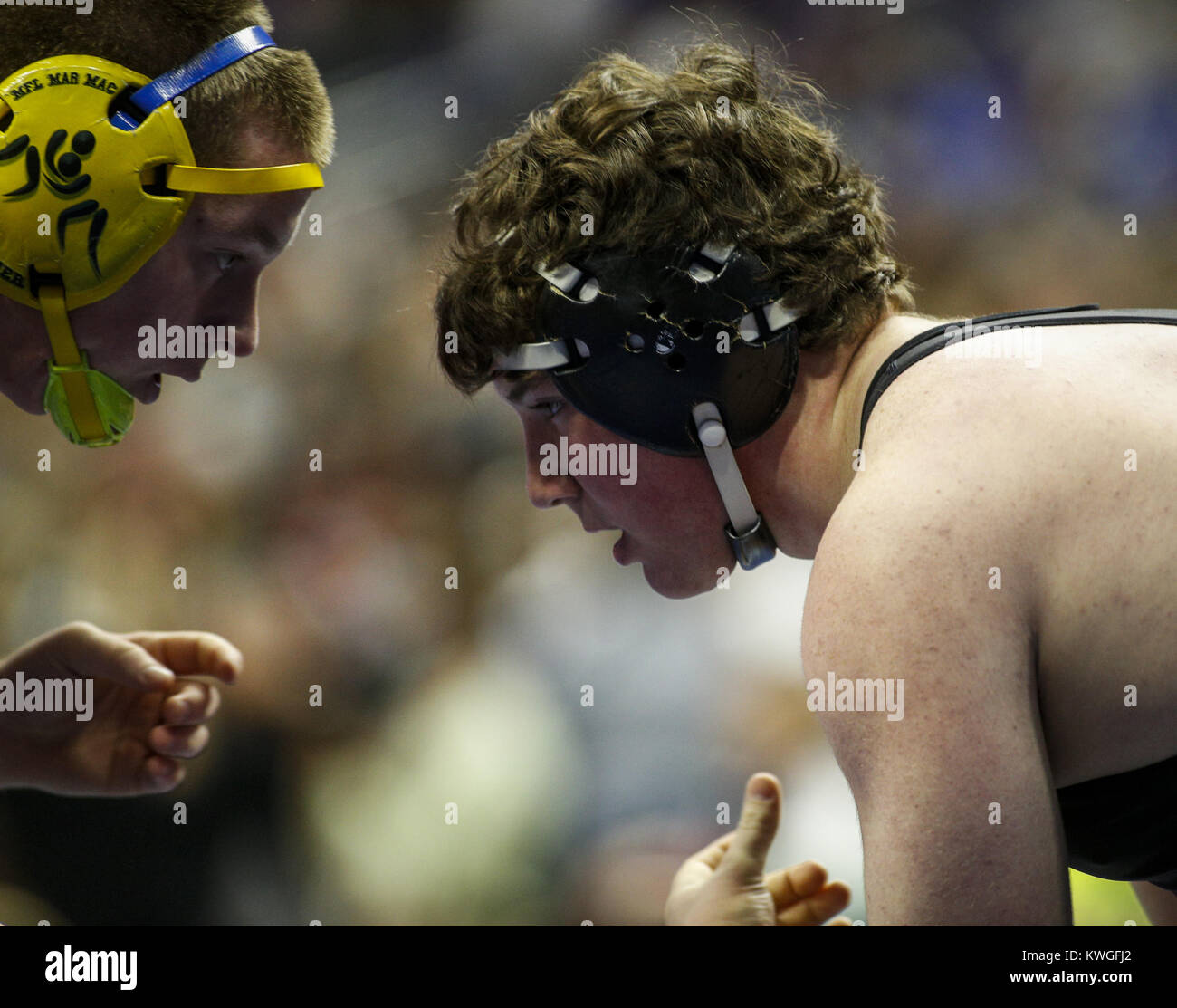 Des Moines, Iowa, USA. 16th Feb, 2017. Midland's Brett Schoenherr faces opponent MFL MarMac's Korby Keehner during session two of the 2017 IHSAA State Wrestling Championships at Wells Fargo Arena in Des Moines on Thursday, February 16, 2017. Credit: Andy Abeyta/Quad-City Times/ZUMA Wire/Alamy Live News Stock Photo