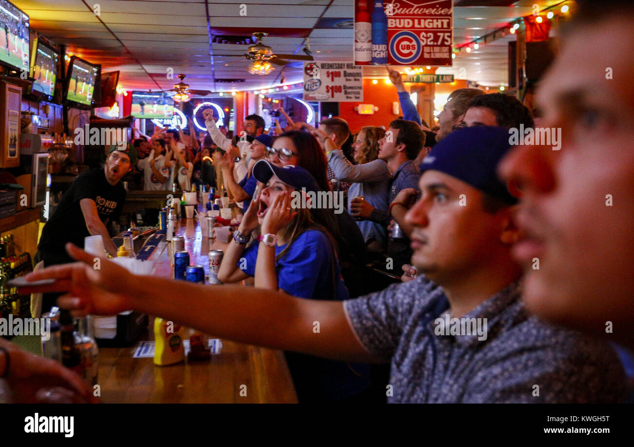 Davenport, Iowa, USA. 2nd Nov, 2016. Rachel Lemek of Bloomington, Illinois reacts while watching the Cleveland Indians force the game into extra innings during a watch party at Rookies Sports Bar and Grill in Davenport on Wednesday, November 2, 2016. The Cubs won game seven of the World Series against the Cleveland Indians 8-7, winning the series for the first time in 108 years. Credit: Andy Abeyta/Quad-City Times/ZUMA Wire/Alamy Live News Stock Photo