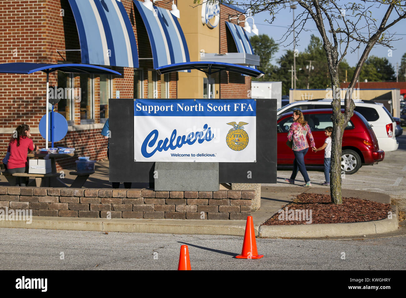 Bettendorf, Iowa, USA. 28th Sep, 2017. A sign for the North Scott FFA fundraiser at Culver's in Bettendorf is seen on Thursday, September 28, 2017. North Scott FFA and agricultural students held a fundraiser at Culver's in Bettendorf benefitting from a percentage of sales from the night as well as having a few games for kids to learn about FFA. Credit: Andy Abeyta, Quad-City Times/Quad-City Times/ZUMA Wire/Alamy Live News Stock Photo