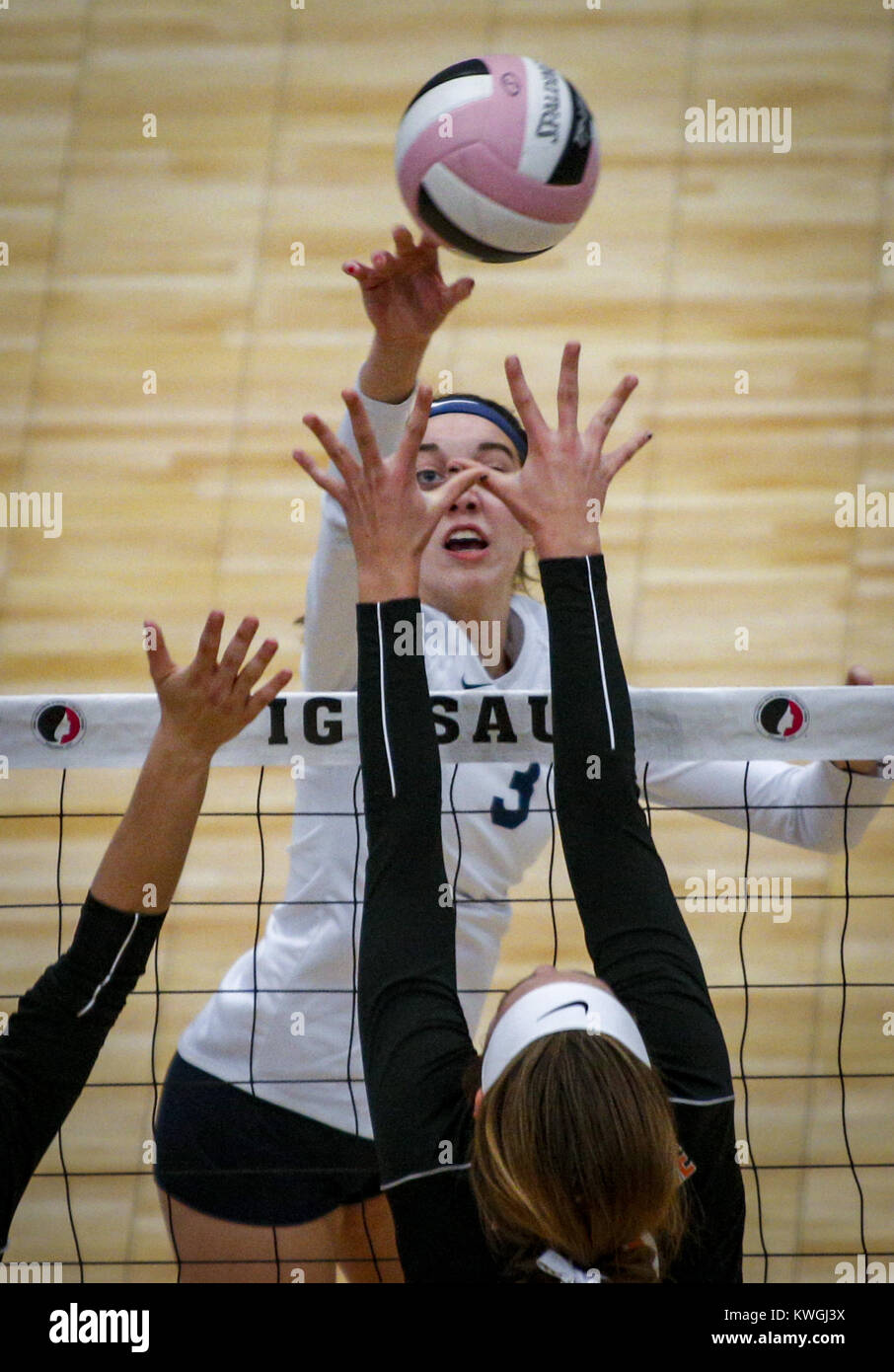 Cedar Rapids, Iowa, USA. 10th Nov, 2016. Hudson's Lauren Murray (3) tips a ball over the net during Hudson vs Springville Class 1A semifinal-round state volleyball action played Thursday, Nov. 10, 2016, at the US Cellular Center in Cedar Rapids, Iowa. Credit: Andy Abeyta/Quad-City Times/Quad-City Times/ZUMA Wire/Alamy Live News Stock Photo