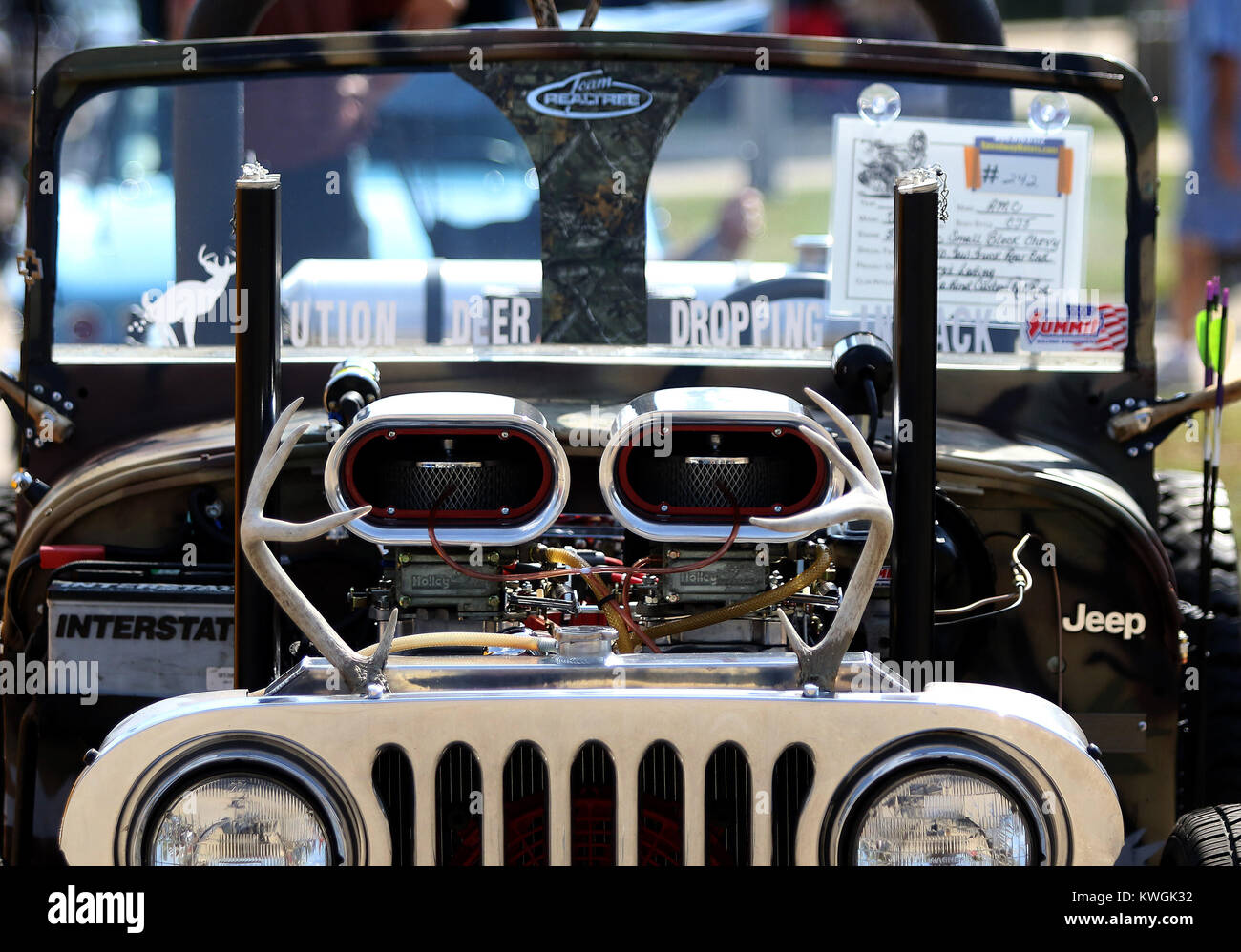 Moline, Iowa, USA. 24th Sep, 2017. This 1975 AMC Jeep CJ5 with a 350 Vortec small block Chevy engine is a one of a kind custom Rat Rod owned by Lexi Loding and was on display, Sunday, September 24, 2017, during the annual Quad-City's Vintage Rods car show held at Black Hawk College in Moline. More than 400 antique cars, hot rods, street rods and special-interest cars were on hand at the show. Credit: John Schultz/Quad-City Times/ZUMA Wire/Alamy Live News Stock Photo