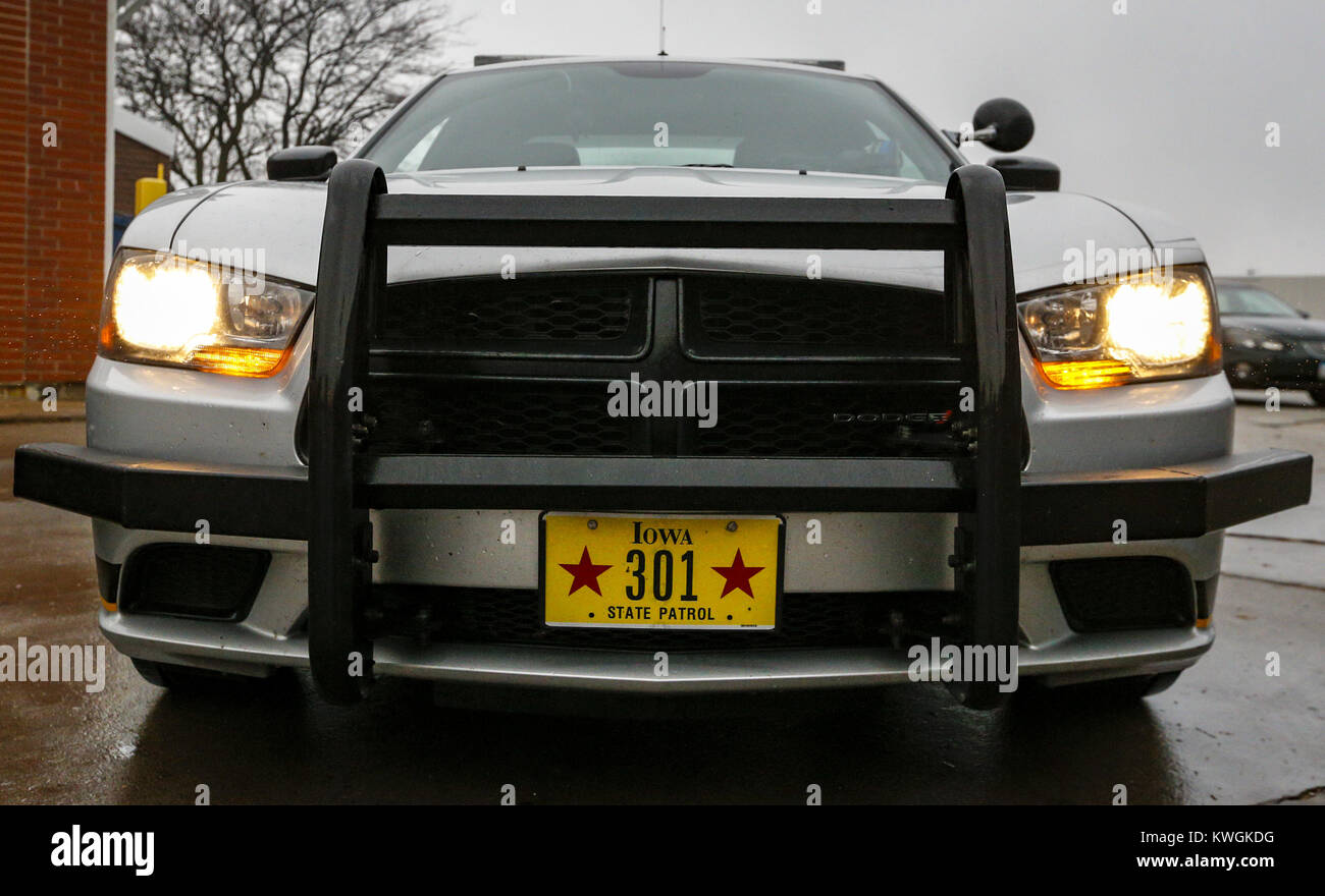 Davenport, Iowa, USA. 23rd Nov, 2016. Iowa State Trooper Dan Loussaert parks his car.after patrolling on I80 in Davenport on Wednesday, November 23, 2016. Loussaert stresses the importance of driving with your headlights on even during the daytime, especially on foggy days. Credit: Andy Abeyta/Quad-City Times/ZUMA Wire/Alamy Live News Stock Photo