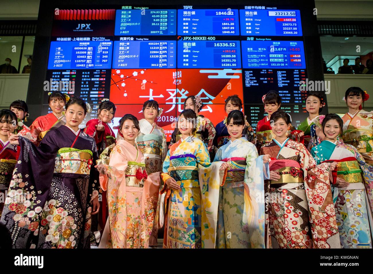 Tokyo, Japan. 4th Jan, 2018. Women pose in front of an electronic board displaying stock prices at the Tokyo Stock Exchange in Tokyo, Japan, Jan. 4, 2018. Tokyo shares opened sharply higher Thursday on the first trading day of 2018, tracking the gains on the U.S. stock market overnight. Credit: Ma Caoran/Xinhua/Alamy Live News Stock Photo