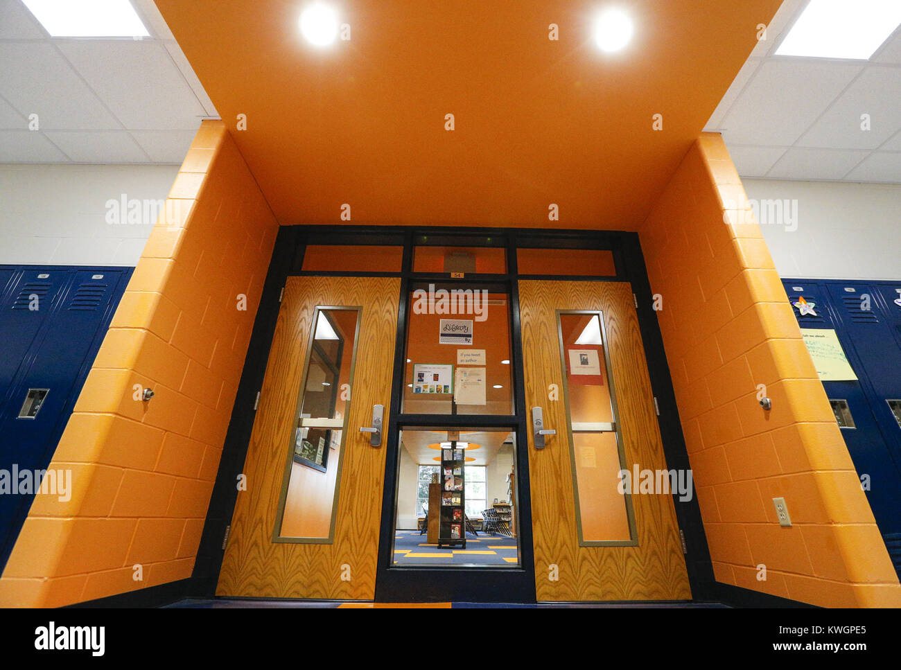 Davenport, Iowa, USA. 14th Sep, 2016. The entrance to the renovated library at Bridgeview Elementary School is seen as photographed in Le Claire on Wednesday, September 14, 2016. Bridgeview Elementary in the Pleasant Valley Community School District held an open house after undergoing significant renovation and expansion. Credit: Andy Abeyta/Quad-City Times/ZUMA Wire/Alamy Live News Stock Photo