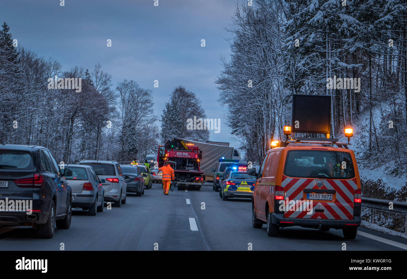 Accident on the A8 motorway Munich-Salzburg at Siegsdorf, Bavaria, Germany, Europe Stock Photo