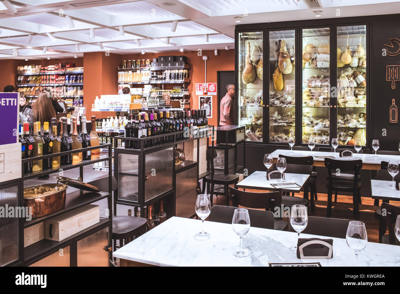 ROME, ITALY - DECEMBER 30, 2017: San Gregorio restaurant on the sixth floor of the new La Rinascente shopping mall in Rome, nice place for taste itali Stock Photo