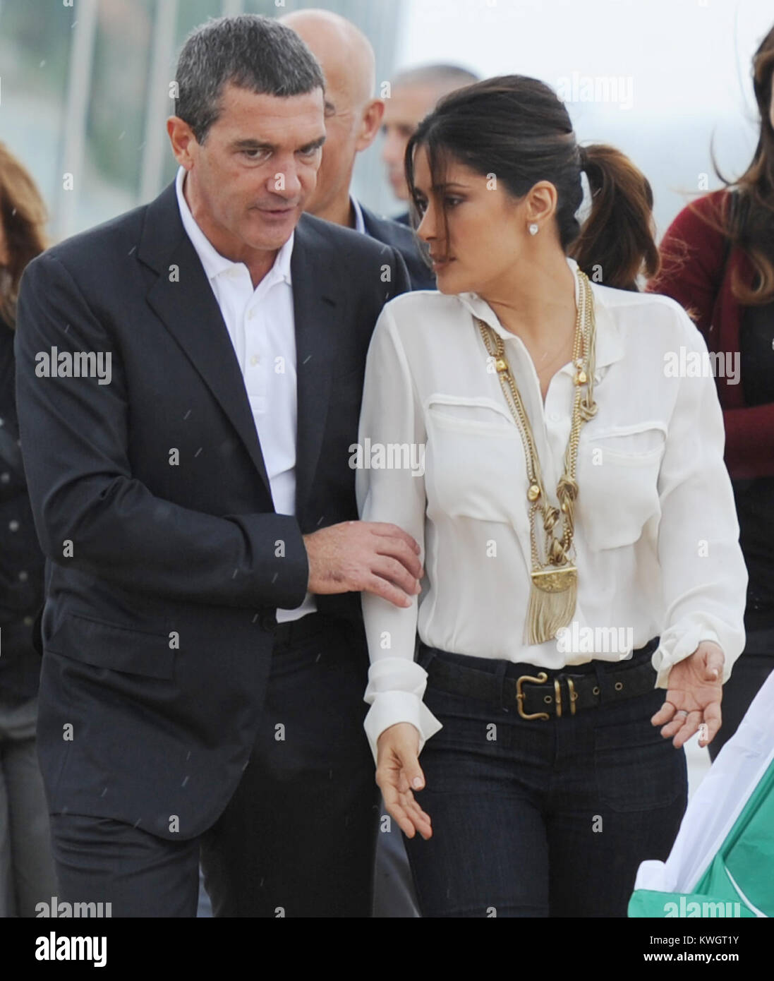 FORT LAUDERDALE, FL - OCTOBER 16: Salma Hayek and Antonio Banderas arrive at the Allure Of The Seas Premiere Of Puss In Boots at Port Everglades. The event was very unorganized and the actors looked miserable.  On October 16, 2011 in Fort Lauderdale, Florida   People:  Salma Hayek Antonio Banderas Stock Photo