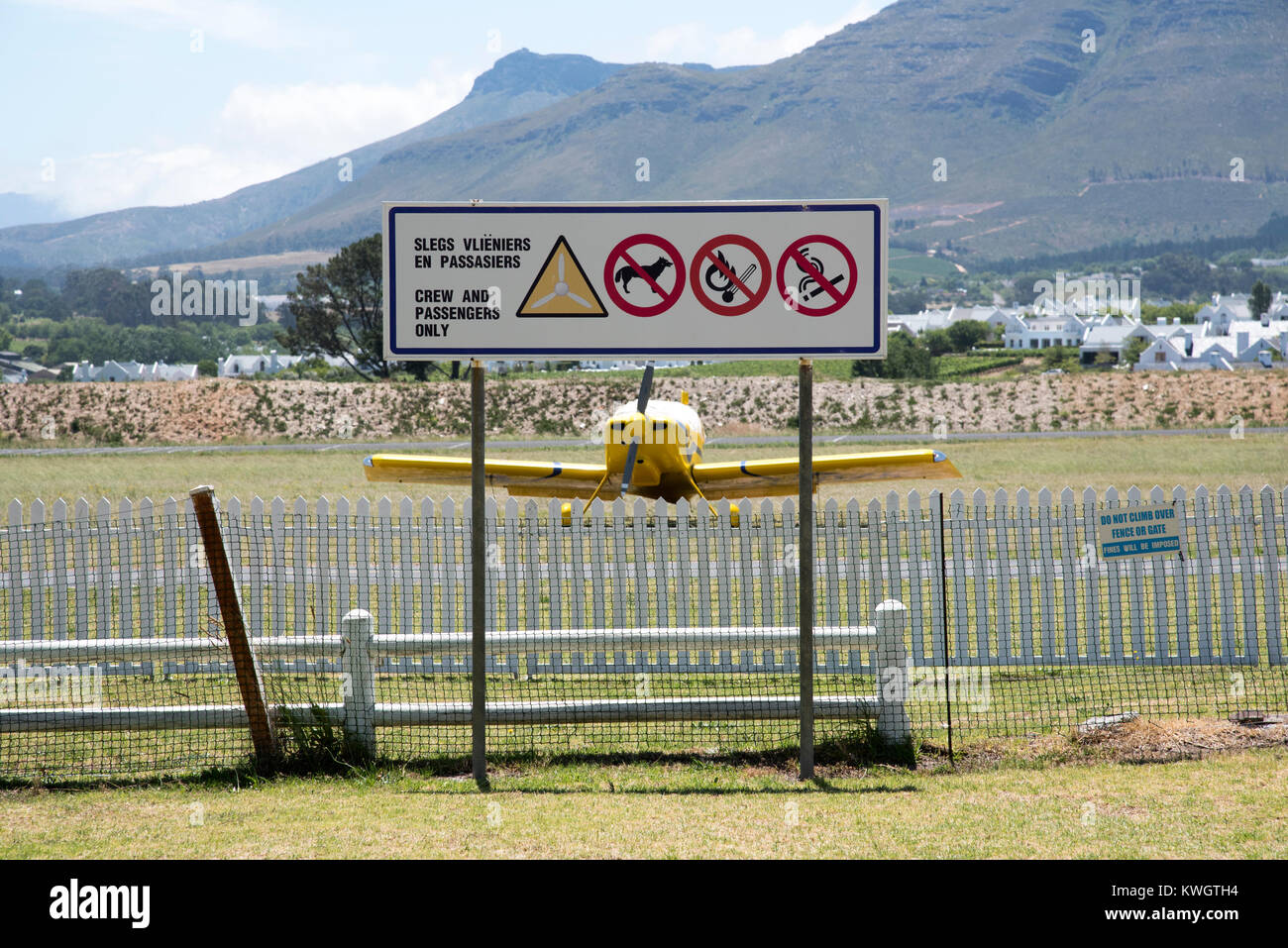 Stellenbosch Flying Club in Stellenbosch, Western Cape, South Africa, December 2017, Small airfield in the Western Cape region. Warning signs Stock Photo