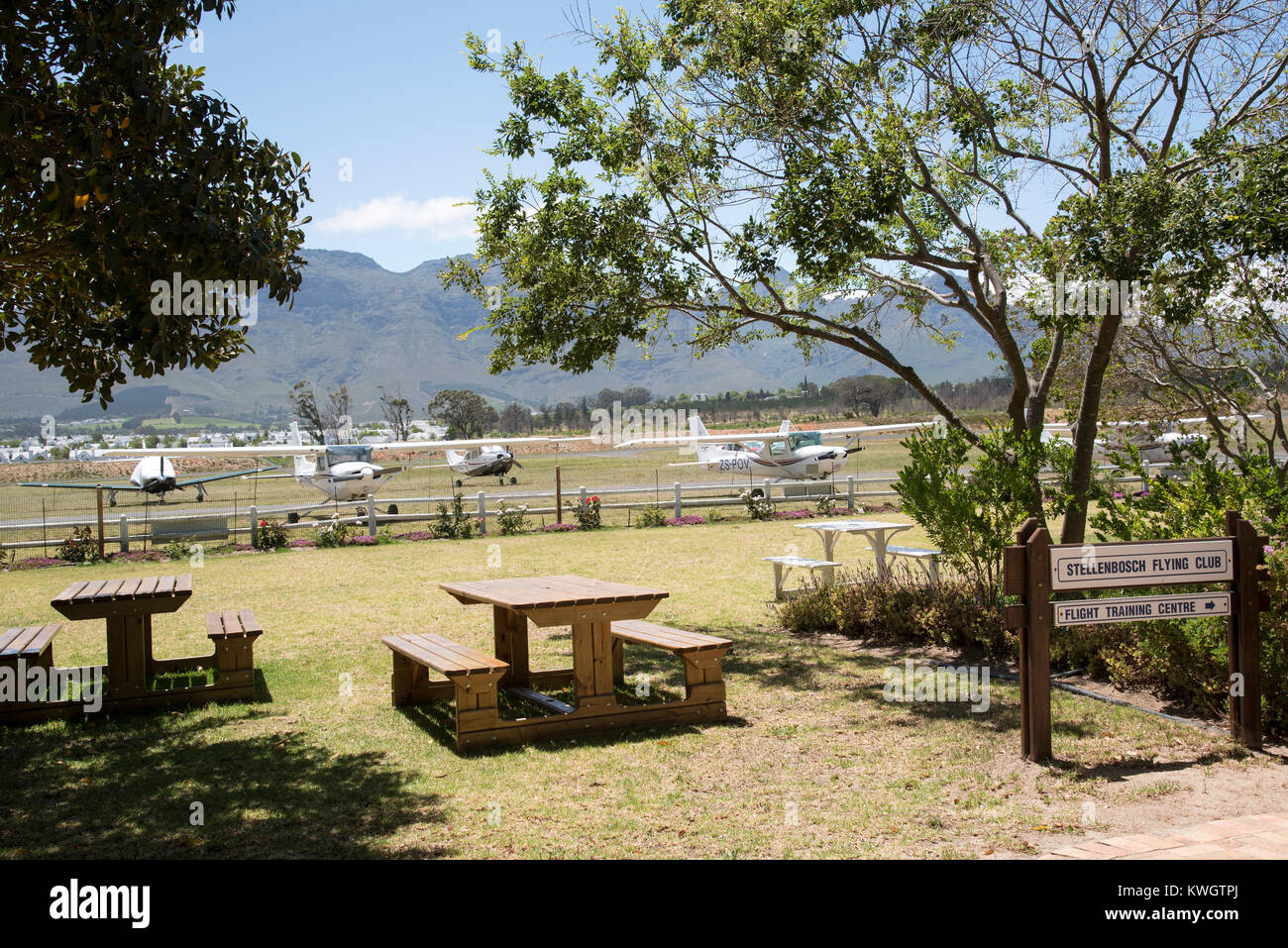 Stellenbosch Flying Club in Stellenbosch, Western Cape, South Africa, December 2017, Small airfield in the Western Cape region which has guest seating Stock Photo