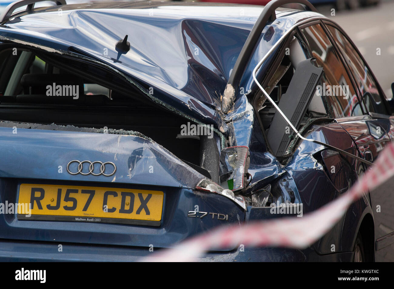 Damage visible on the rear of a car after strong winds from Storm Eleanor caused a large piece of masonry to fall from an adjacent building onto a car in York Street, Marylebone, in London. Stock Photo