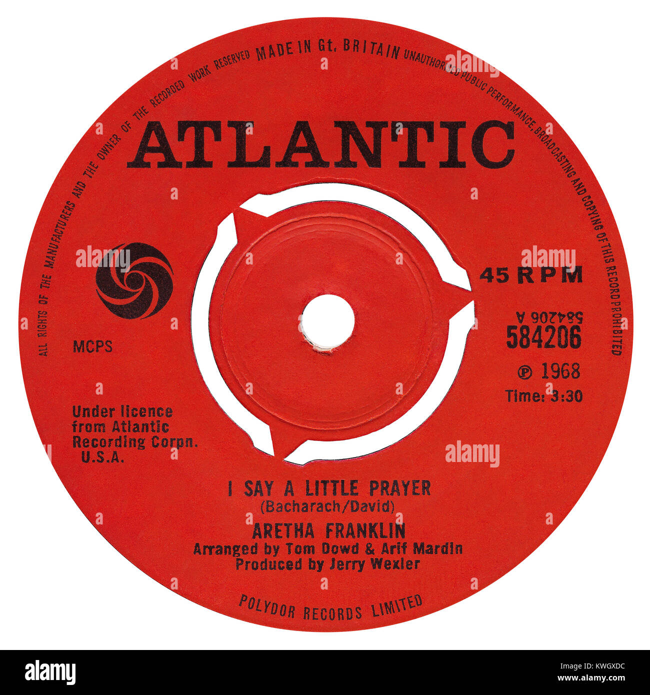 45 RPM 7' UK record label of I Say A Little Prayer by Aretha Franklin. Written by Burt Bacharach and Hal David, arranged by Tom Dowd and Arif Mardin and produced by Jerry Wexler. Released on the Atlantic label in August 1968. Stock Photo