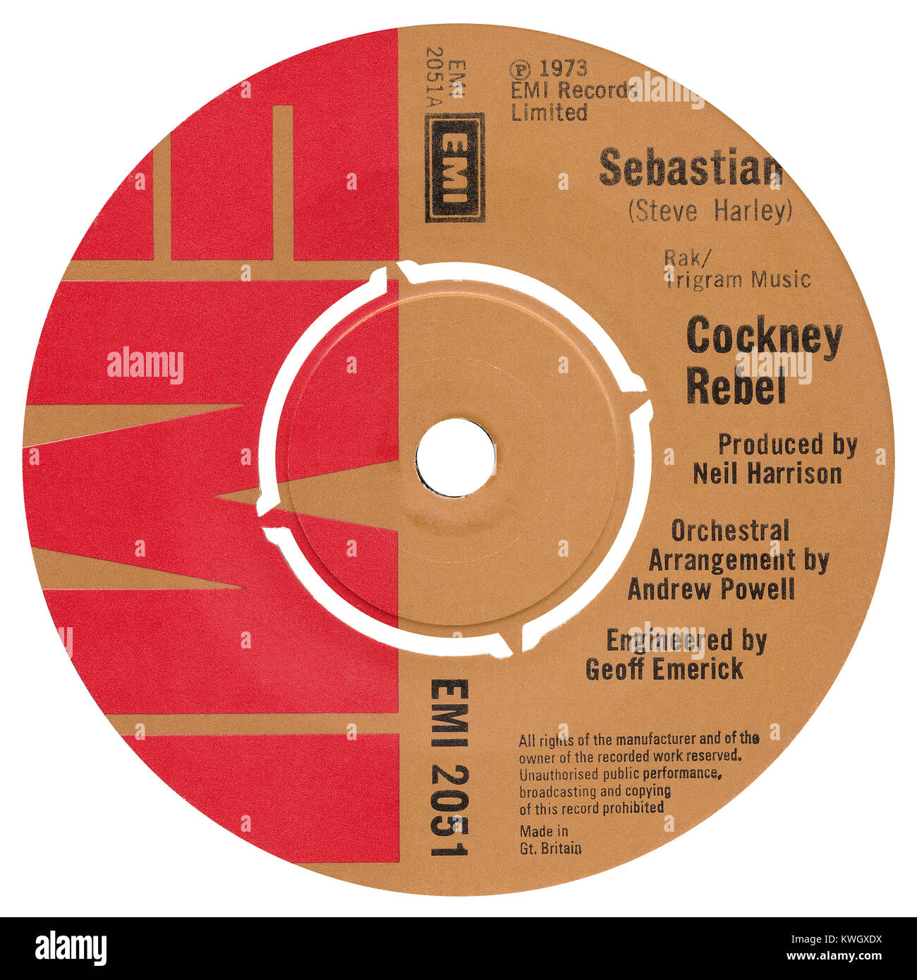 45 RPM 7' UK record label of Sebastian by Cockney Rebel. Written by Steve Harley, arranged by Andrew Powell and produced by Neil Harrison. Released in August 1973 on EMI Records. Stock Photo