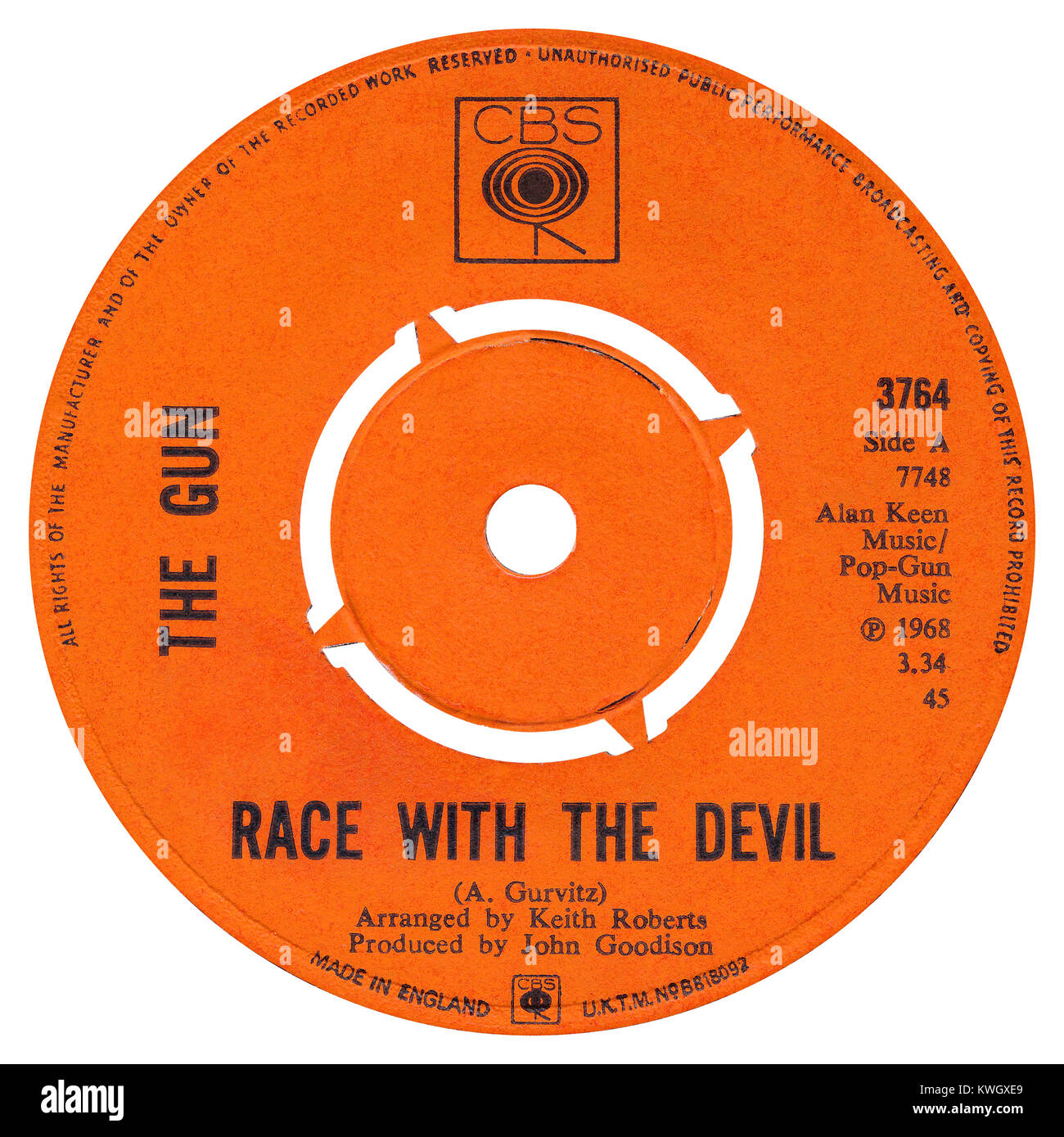 45 RPM 7' UK record label of Race With The Devil by The Gun. Written by Adrian Gurvitz, arranged by Keith Roberts and produced by John Goodison. Released on the CBS label in October 1968. Stock Photo