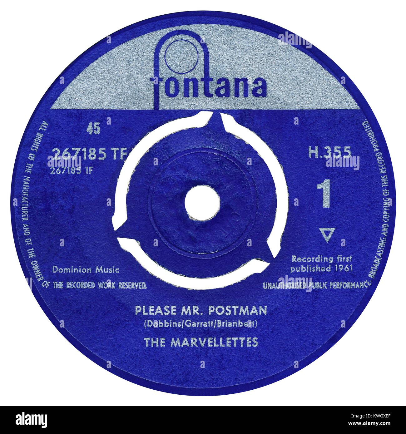 45 RPM 7' UK record label of Please Mr. Postman by The Marvelettes. Written by Georgia Dobbins, William Garrett and Brian Holland and Roger Bateman as Brianbert. Recorded in the USA by Motown and released in the UK in December 1961 on Fontana Records. Stock Photo