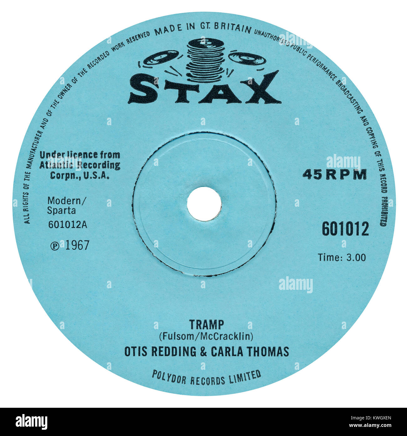 45 RPM 7" UK record label of Tramp by Redding and Carla Thomas. Written by Lowell Fulson and Jimmy McCracklin. by Stax Records in July 1967 Stock - Alamy