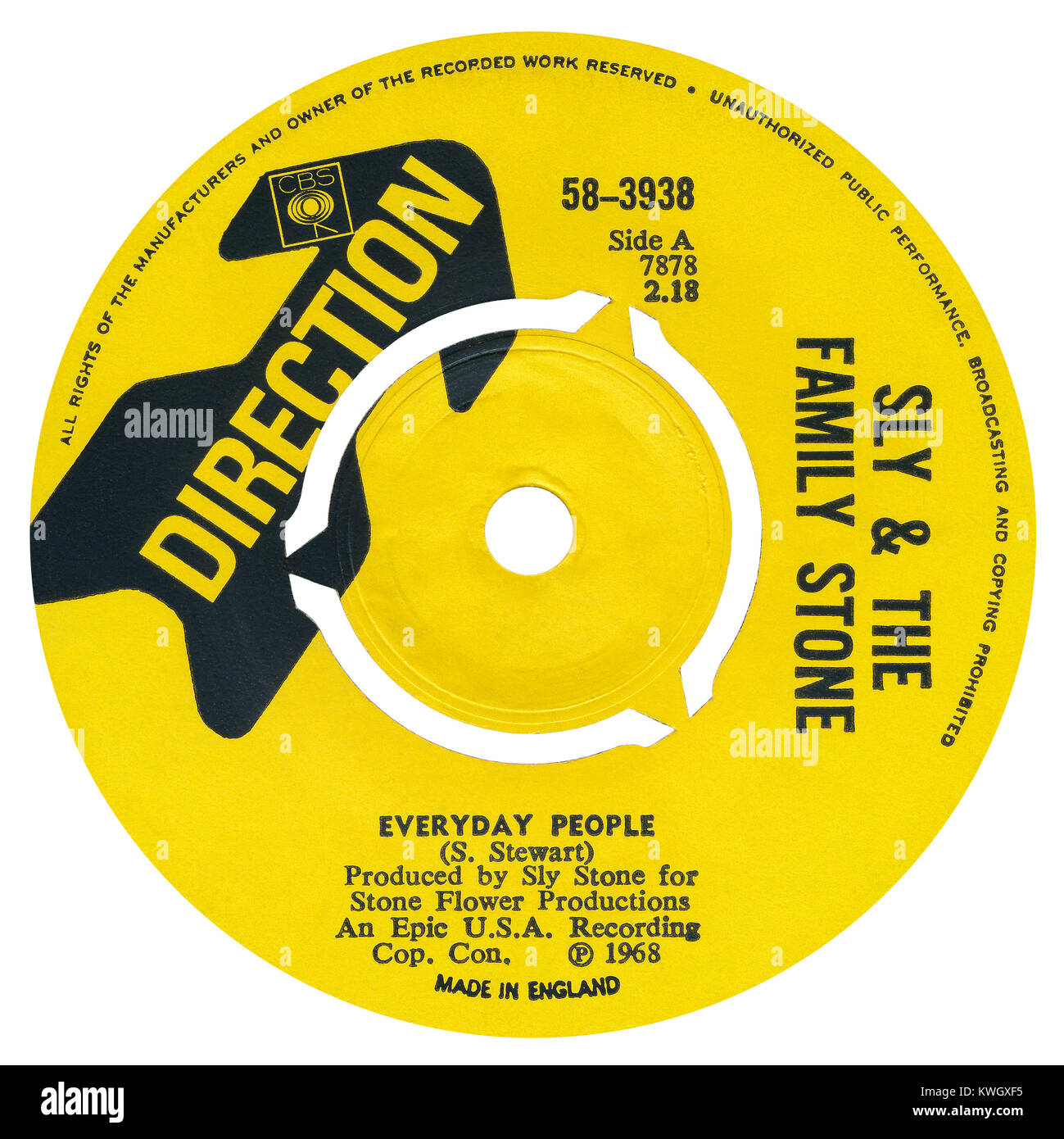 45 RPM 7' UK record label of Everyday People by Sly and the Family Stone. Written by Sly Stone as Sylvester Stewart and produced by him. Released in January 1969 by Direction Records. Stock Photo